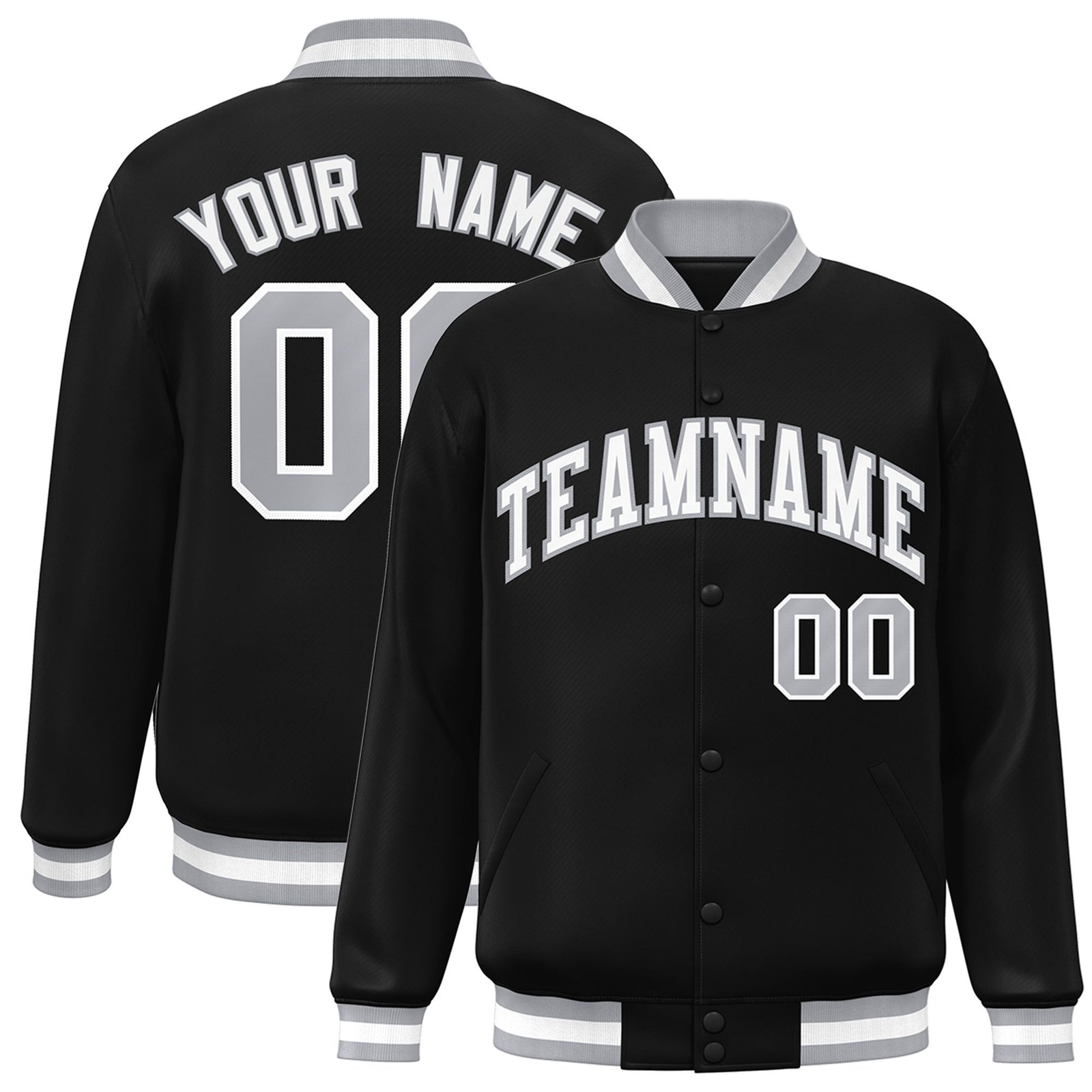 Custom Black White-Gray Bomber Full-Snap Varsity Letterman Jacket
