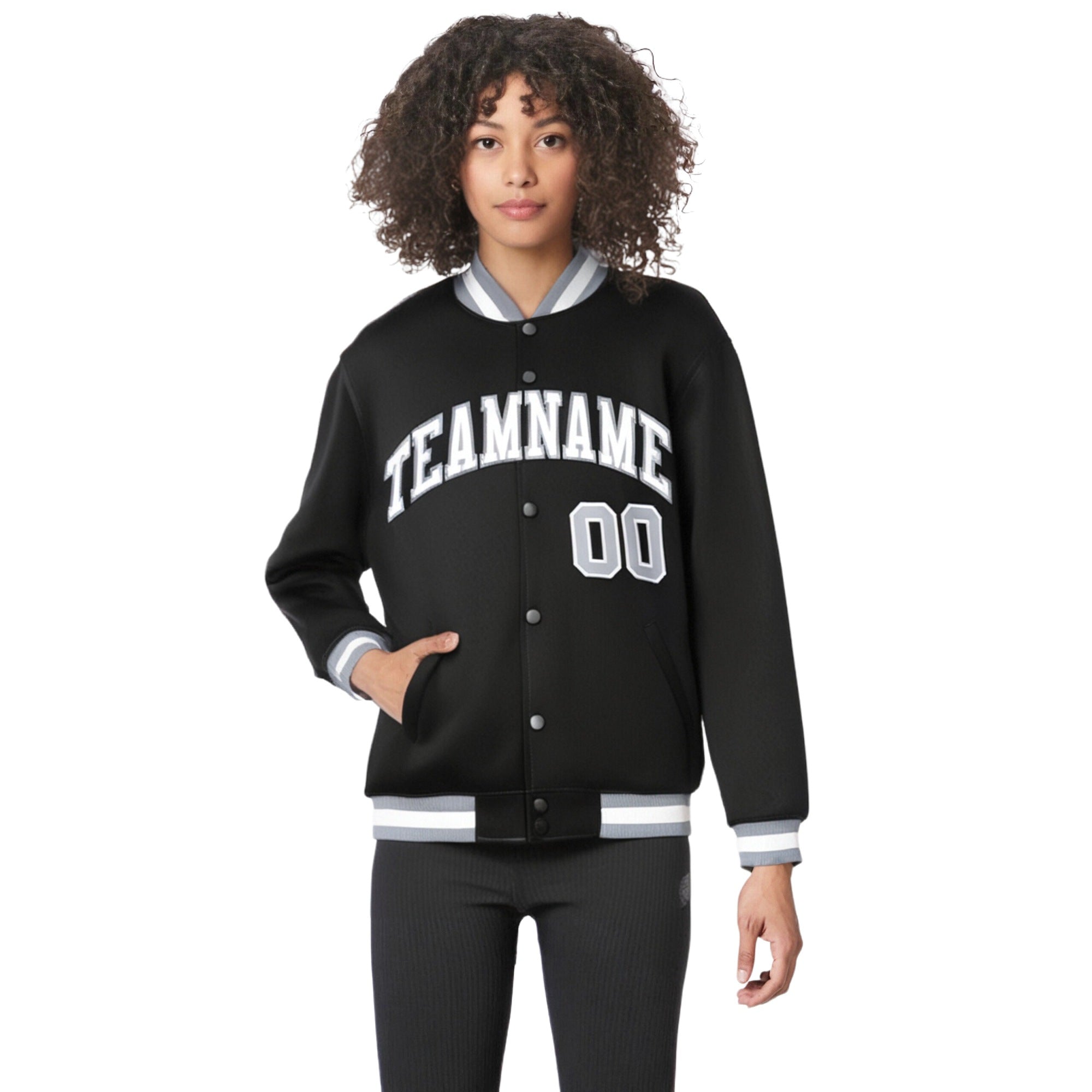 Custom Black White-Gray Bomber Full-Snap Varsity Letterman Jacket