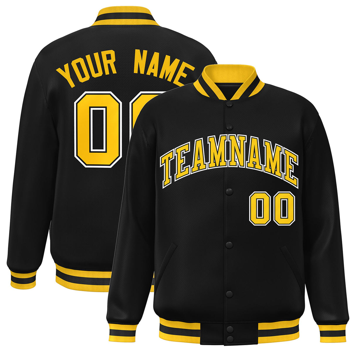 Custom Black Yellow-White Bomber Full-Snap Varsity Letterman Jacket