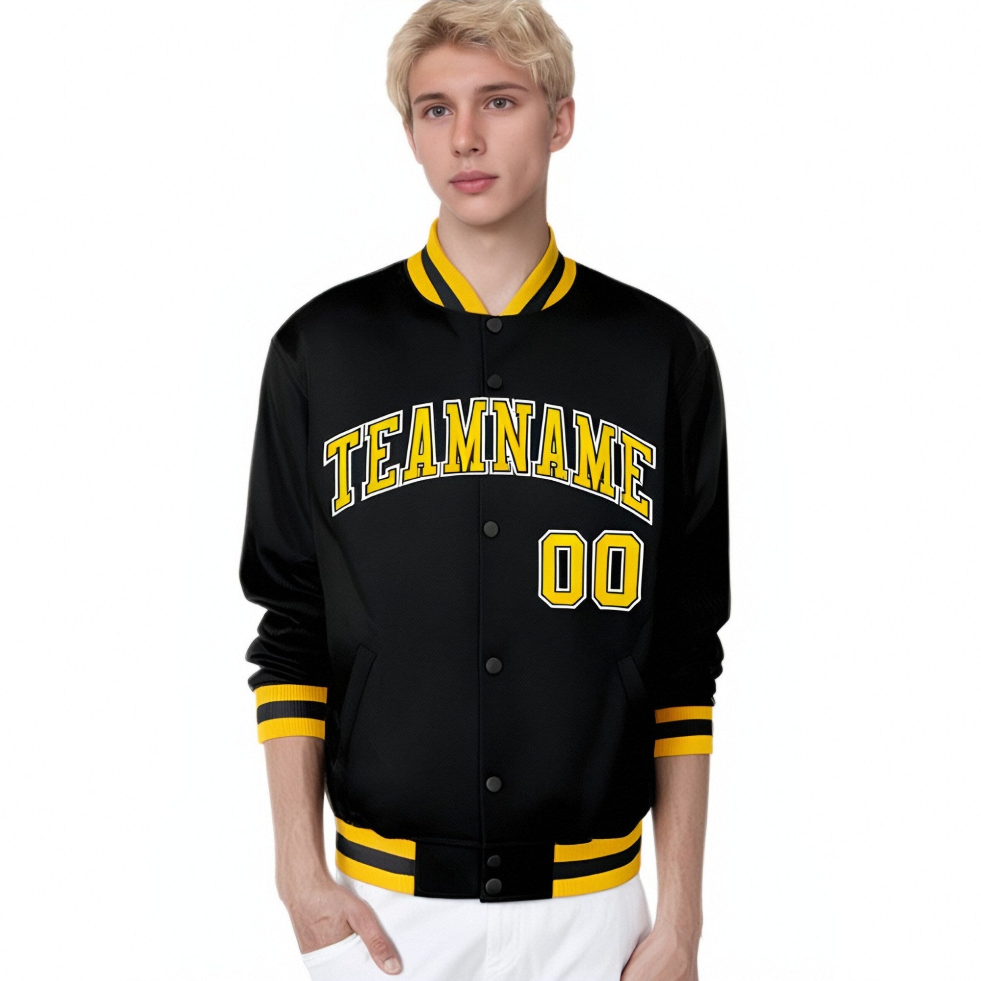 Custom Black Yellow-White Bomber Full-Snap Varsity Letterman Jacket