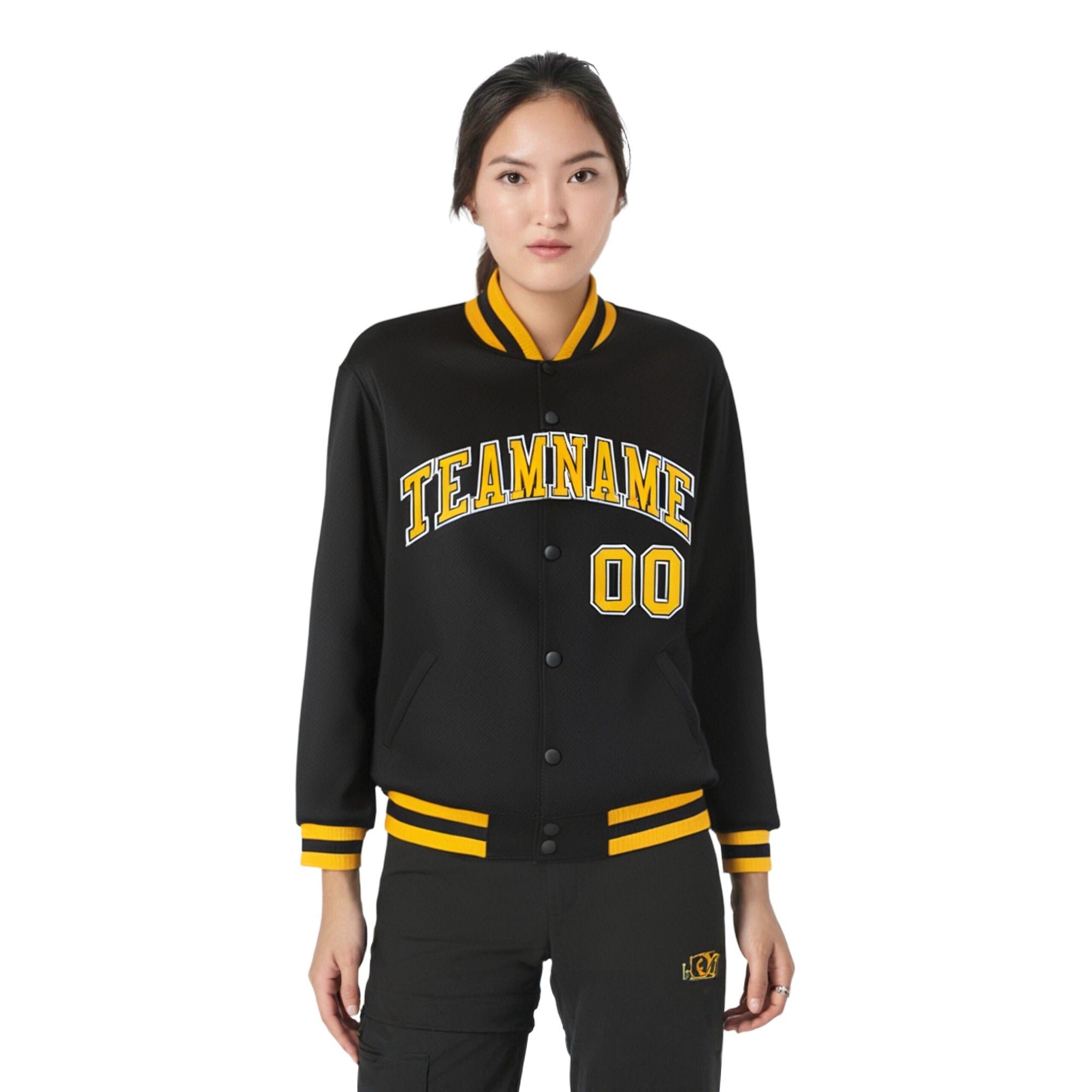 Custom Black Yellow-White Bomber Full-Snap Varsity Letterman Jacket