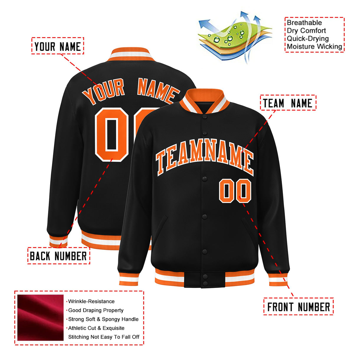 Custom Black Orange-White Bomber Full-Snap Varsity Letterman Jacket