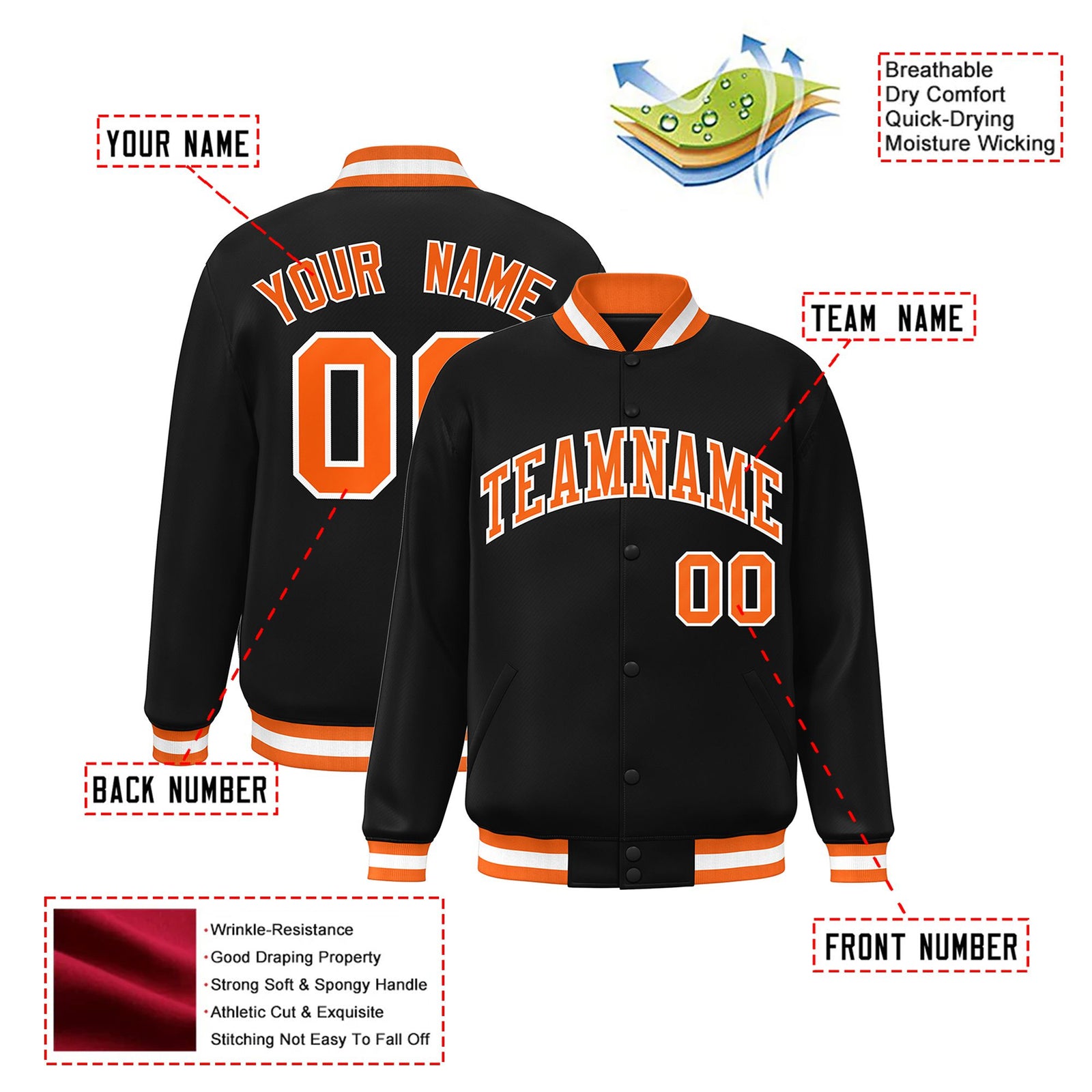Custom Black Orange-White Bomber Full-Snap Varsity Letterman Jacket