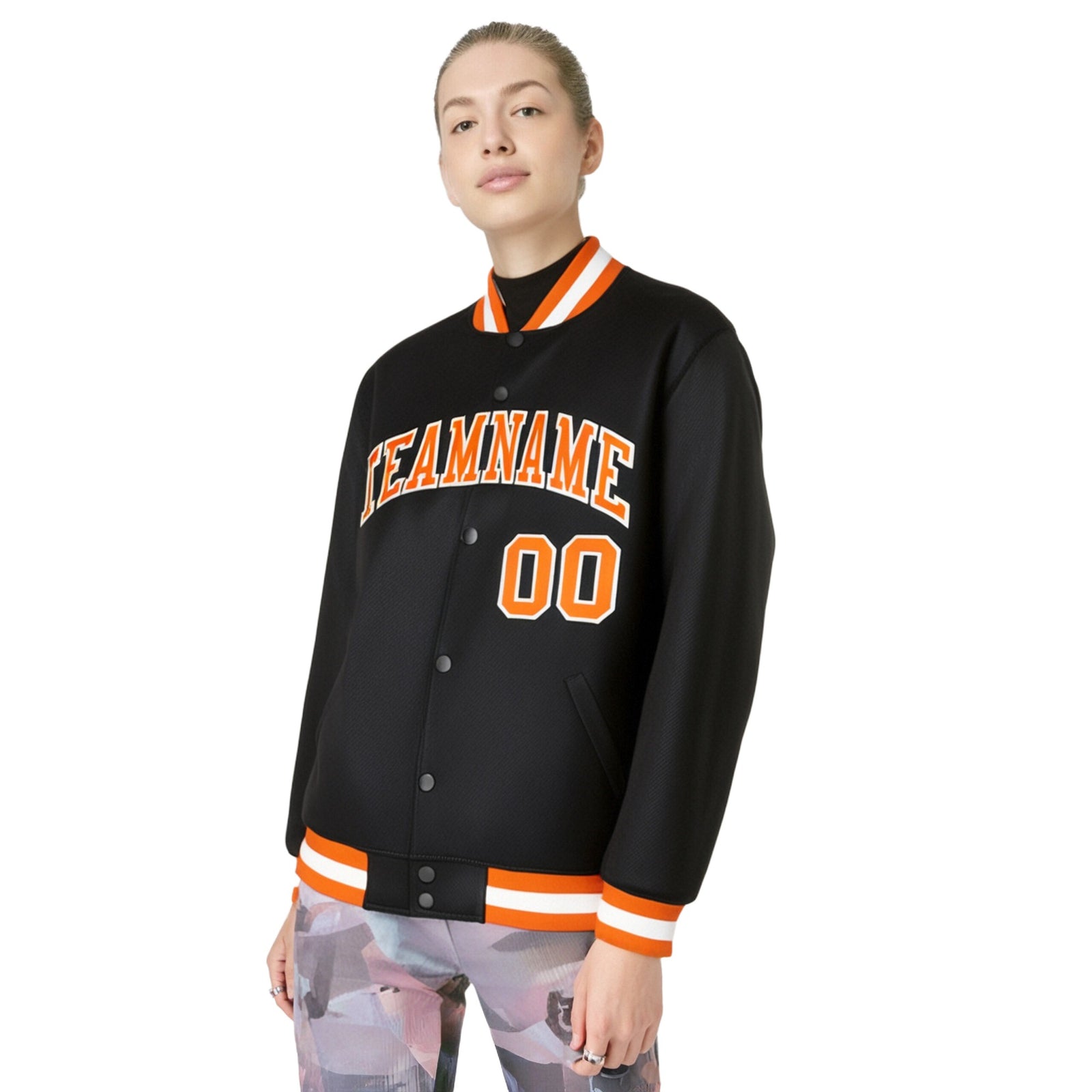 Custom Black Orange-White Bomber Full-Snap Varsity Letterman Jacket