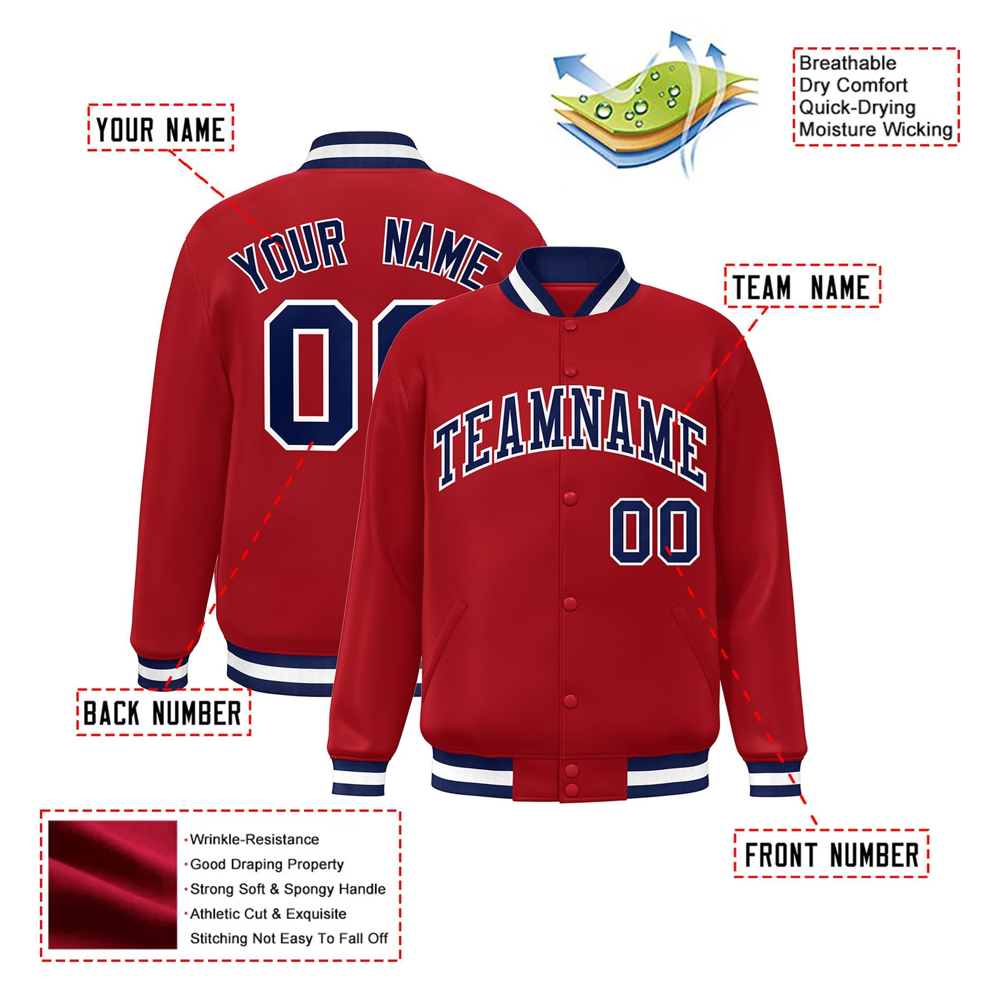 Custom Royal-Red Navy-White Bomber Full-Snap Varsity Letterman Jacket