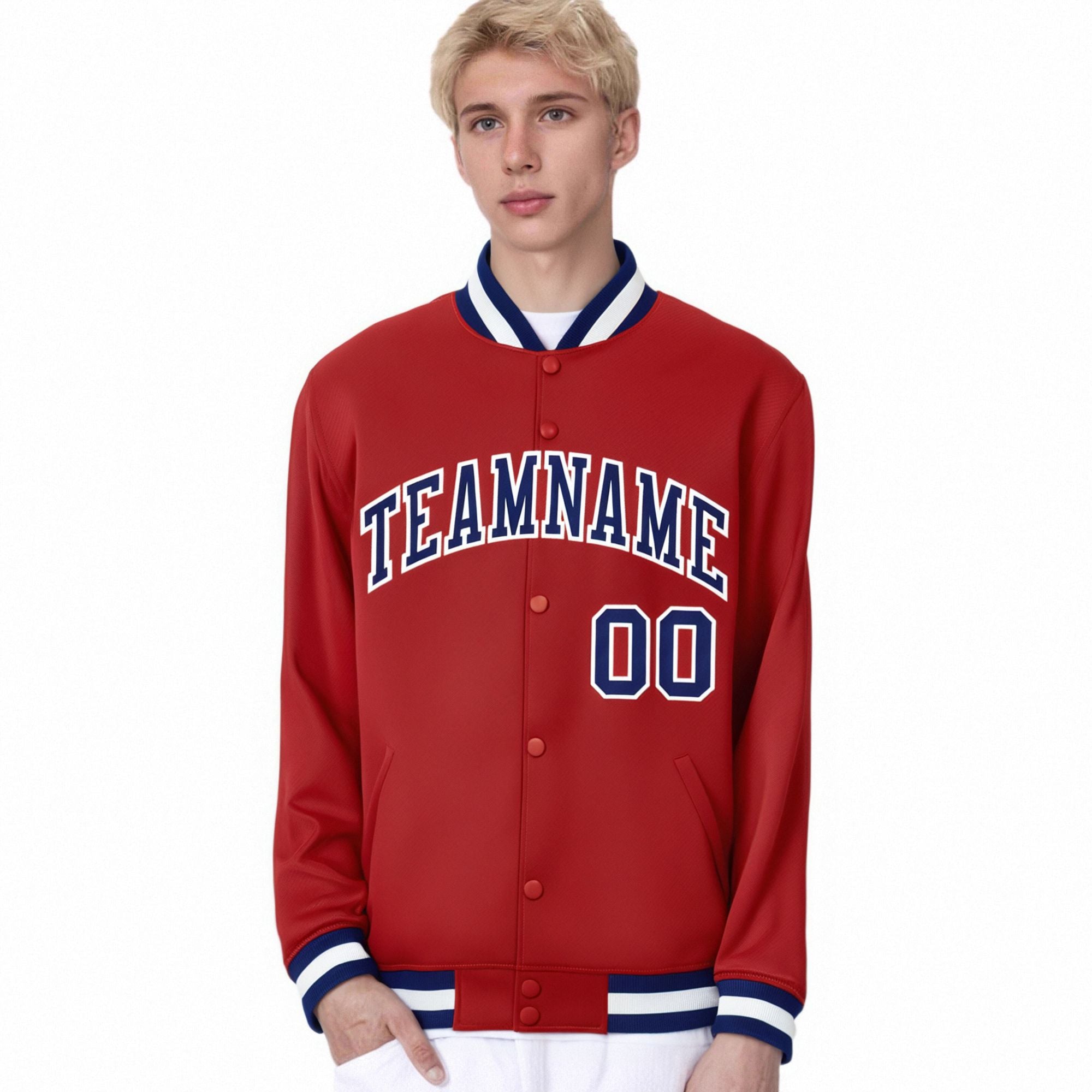 Custom Royal-Red Navy-White Bomber Full-Snap Varsity Letterman Jacket