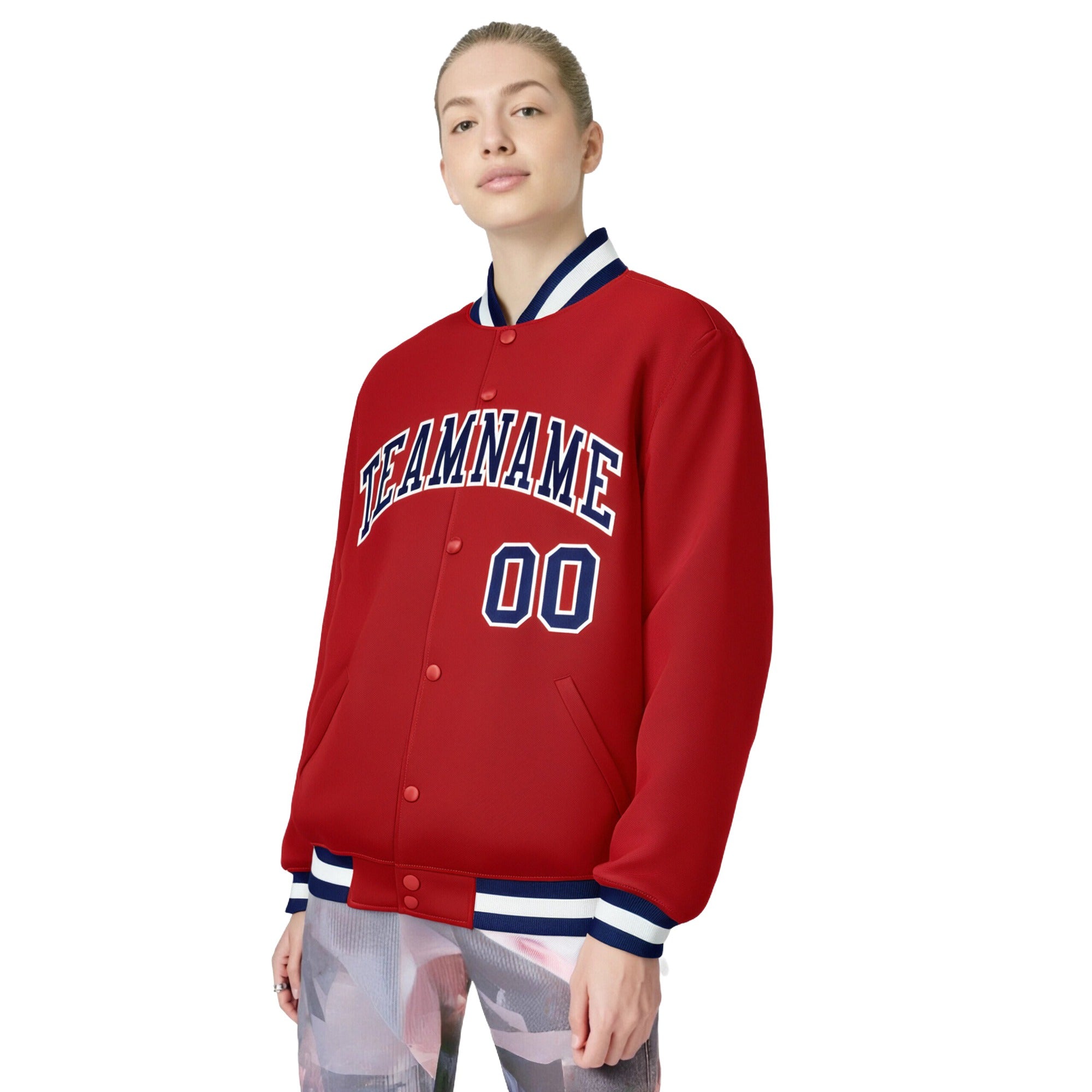 Custom Royal-Red Navy-White Bomber Full-Snap Varsity Letterman Jacket