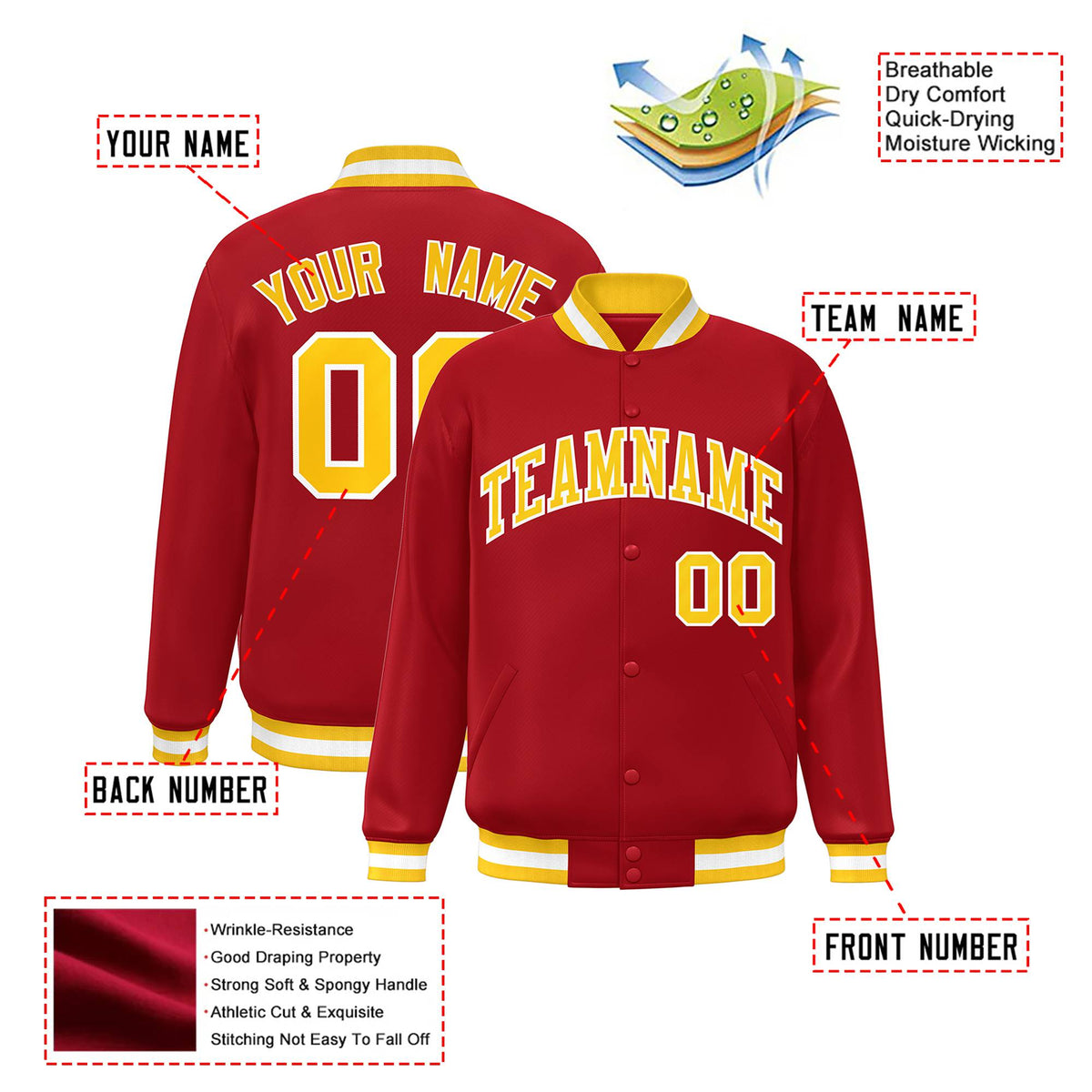 Custom Royal-Red Yellow-White Bomber Full-Snap Varsity Letterman Jacket