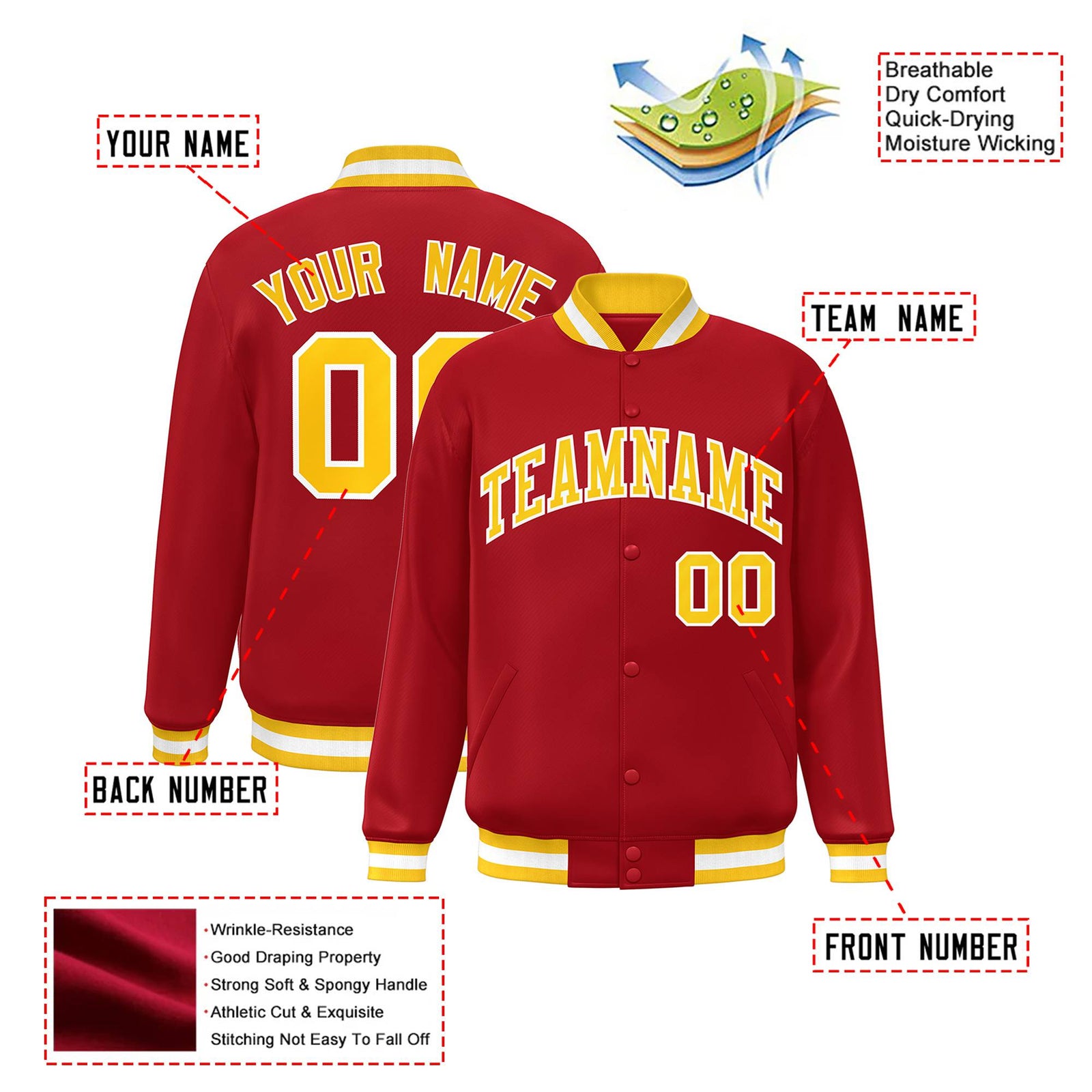Custom Royal-Red Yellow-White Bomber Full-Snap Varsity Letterman Jacket
