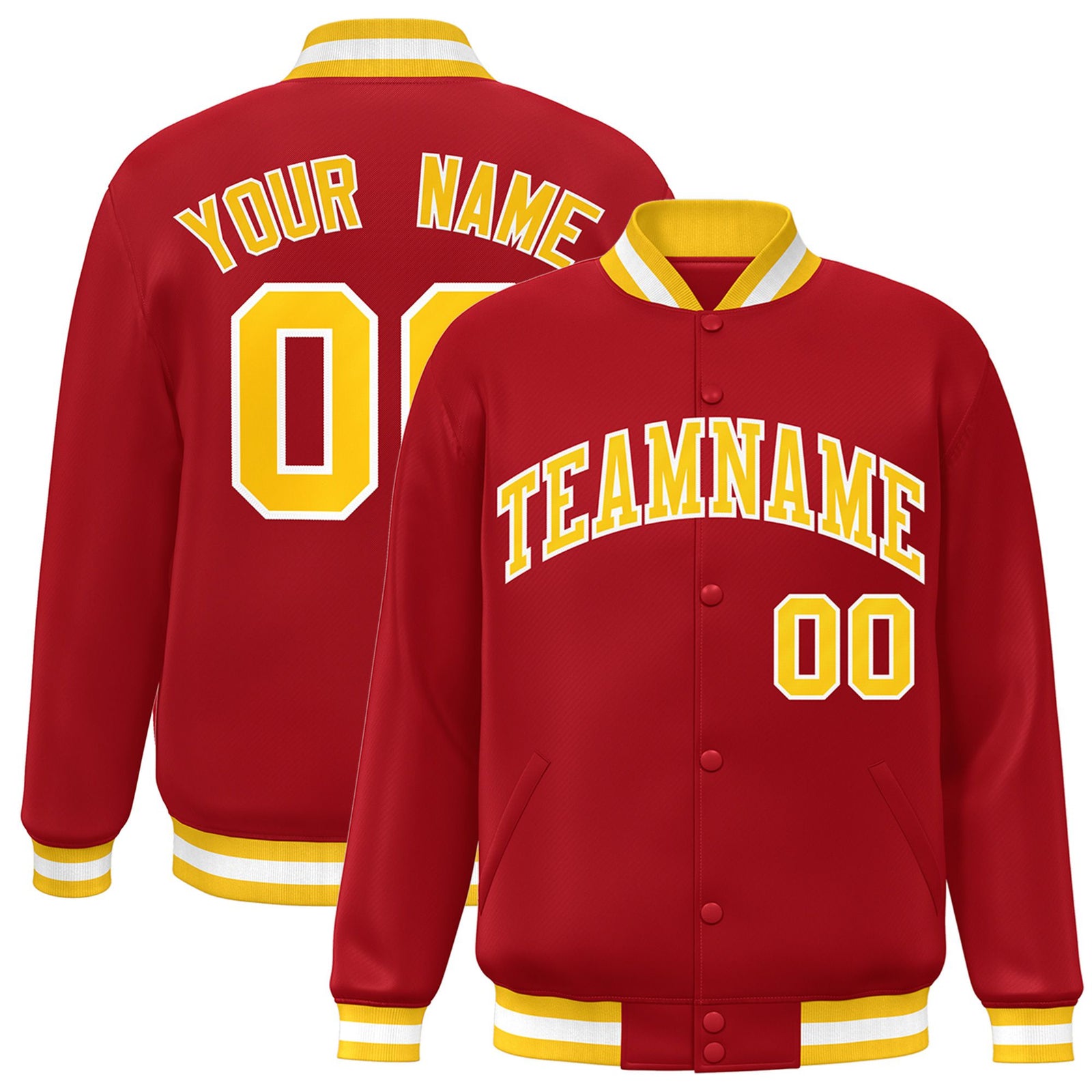 Custom Royal-Red Yellow-White Bomber Full-Snap Varsity Letterman Jacket