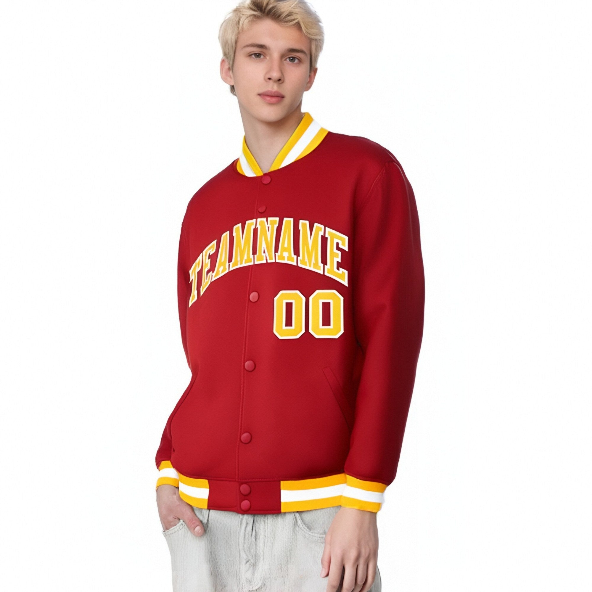 Custom Royal-Red Yellow-White Bomber Full-Snap Varsity Letterman Jacket