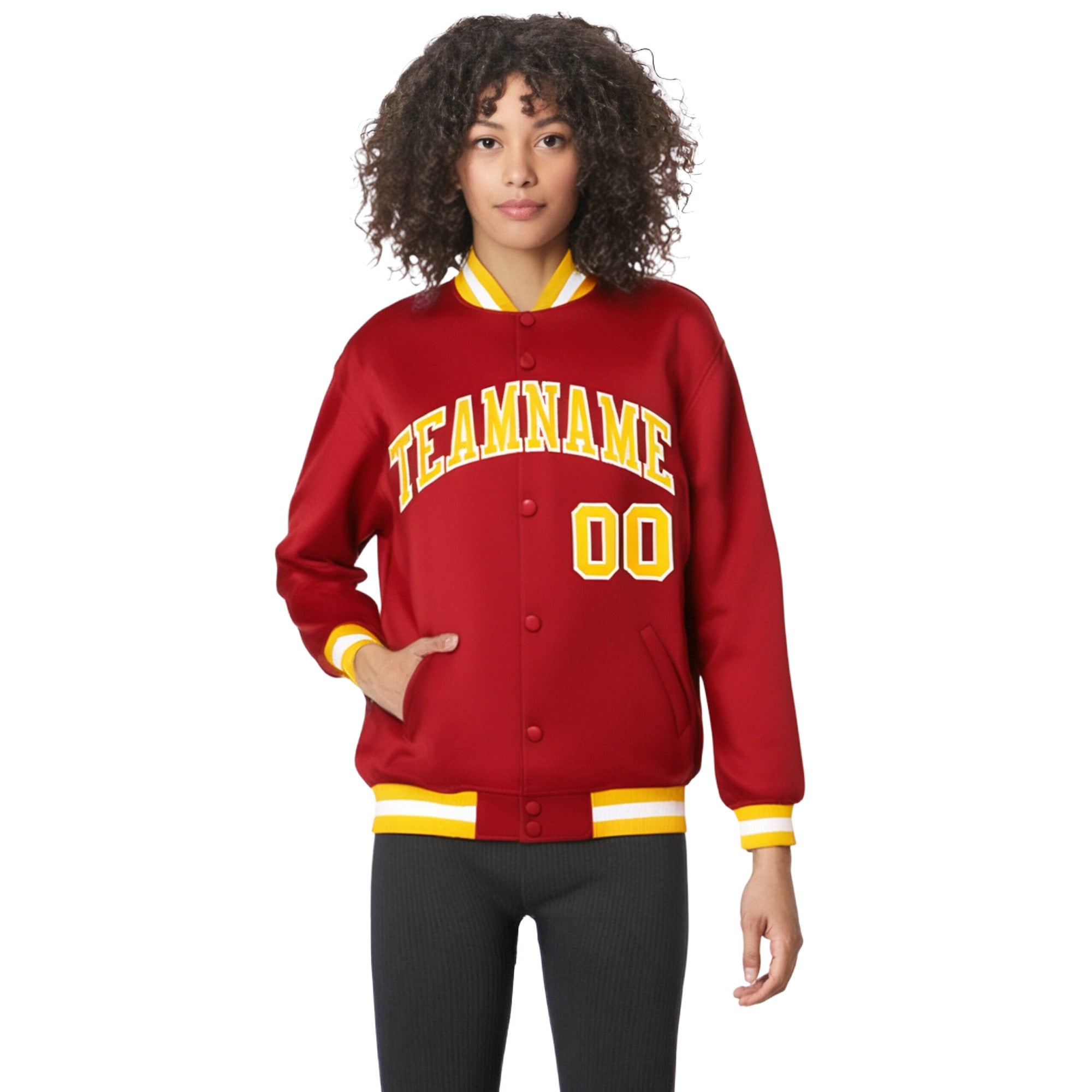 Custom Royal-Red Yellow-White Bomber Full-Snap Varsity Letterman Jacket