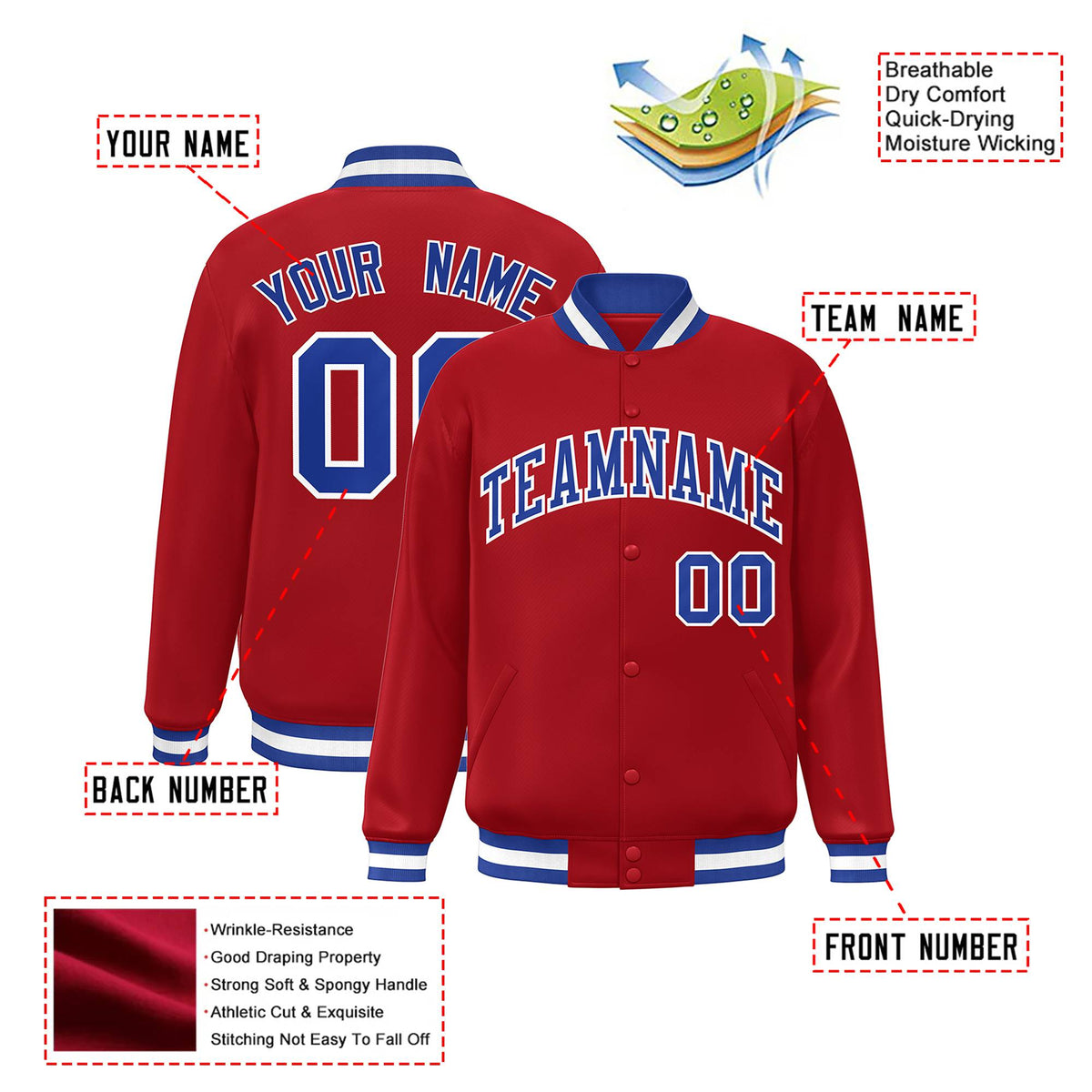 Custom Royal-Red Royal-Blue White Bomber Full-Snap Varsity Letterman Jacket