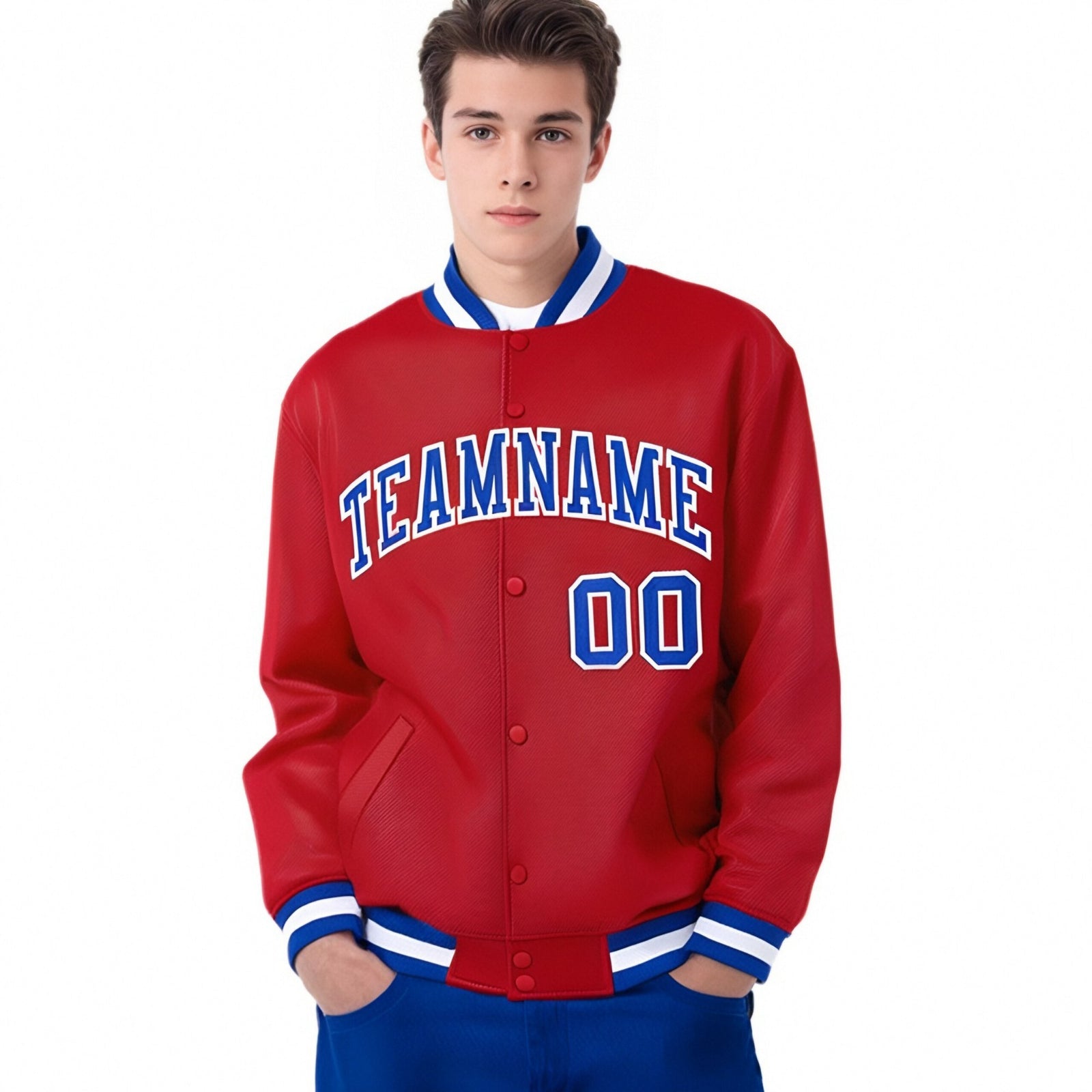 Custom Royal-Red Royal-Blue White Bomber Full-Snap Varsity Letterman Jacket