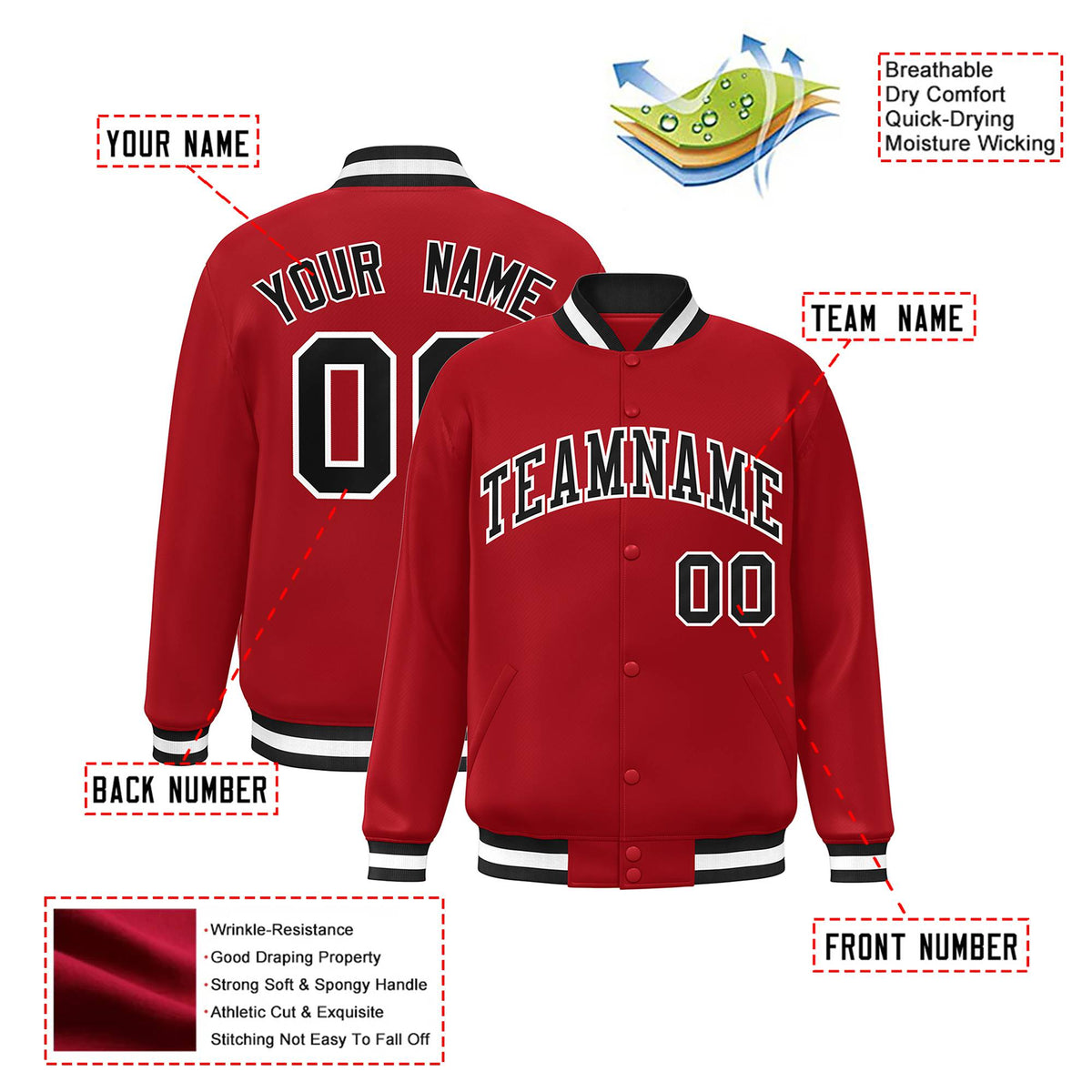 Custom Royal-Red Black-White Bomber Full-Snap Varsity Letterman Jacket