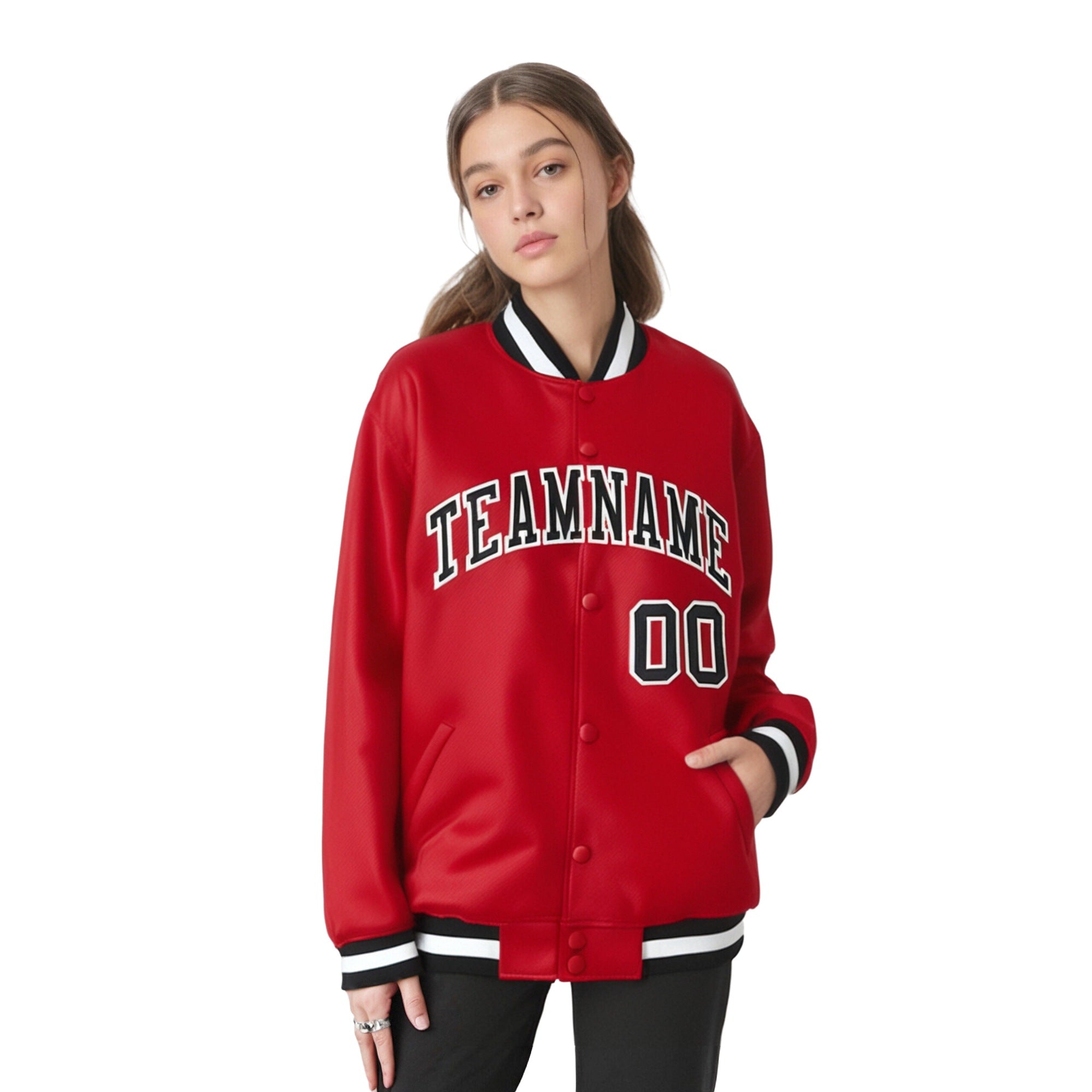 Custom Royal-Red Black-White Bomber Full-Snap Varsity Letterman Jacket