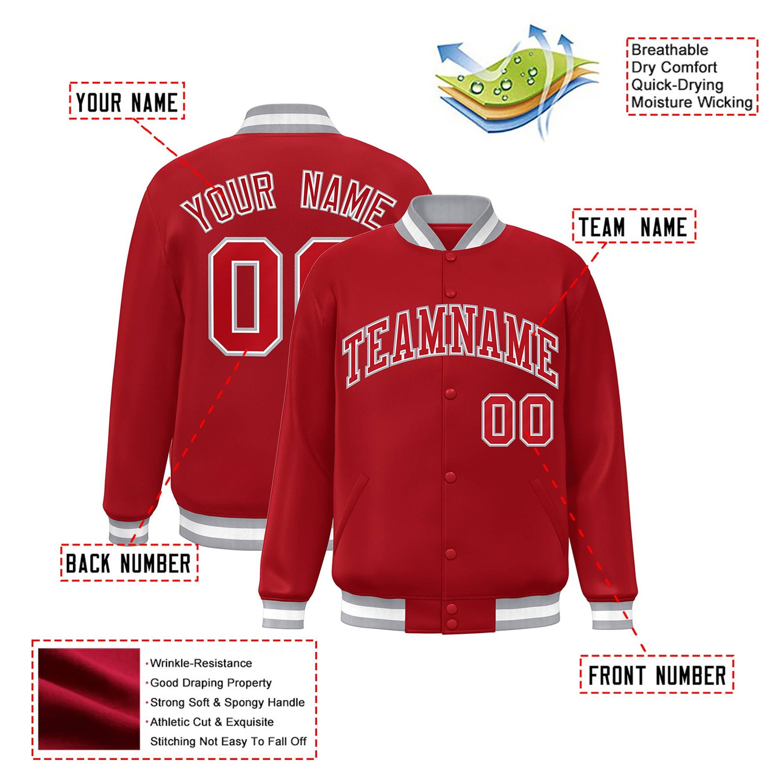 Custom Royal-Red Gray-White Bomber Full-Snap Varsity Letterman Jacket
