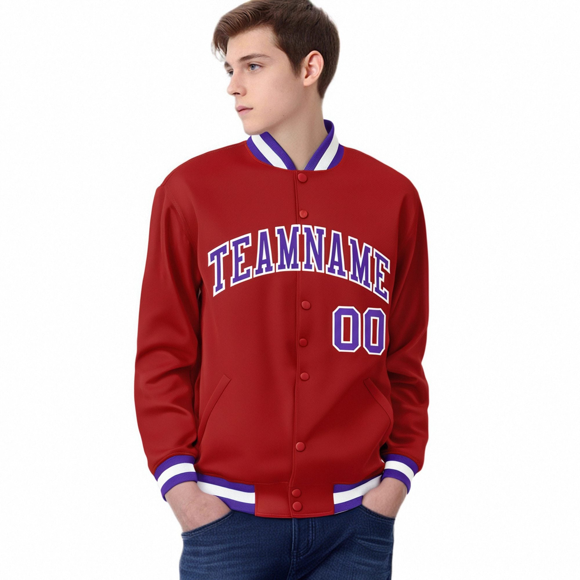 Custom Royal-Red Purple-White Bomber Full-Snap Varsity Letterman Jacket