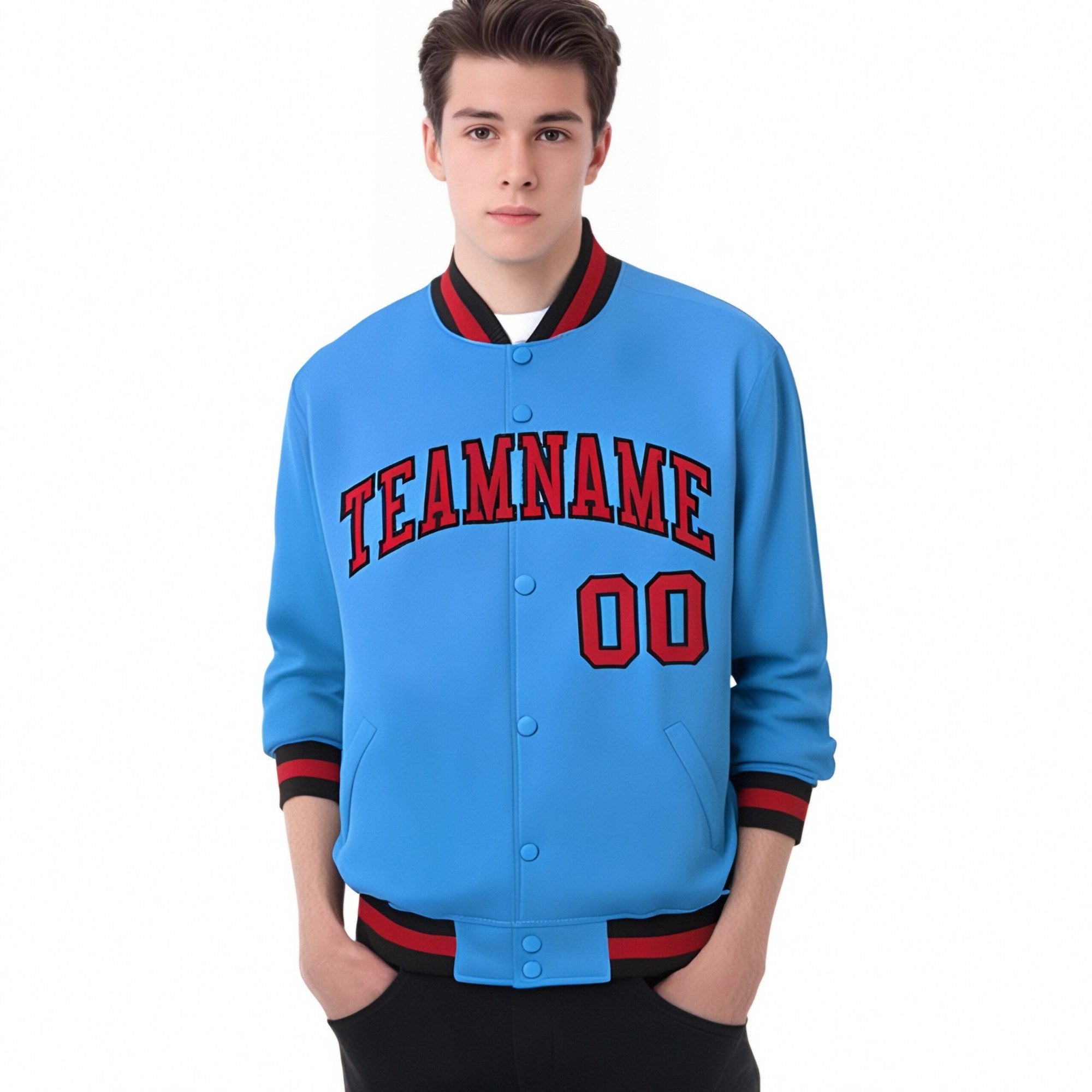 Custom Light-Blue Red-Black Bomber Full-Snap Varsity Letterman Jacket