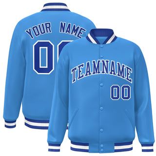 Custom Powder Blue Royal Blue White Bomber Full-Snap Varsity Letterman Jacket - Style 1