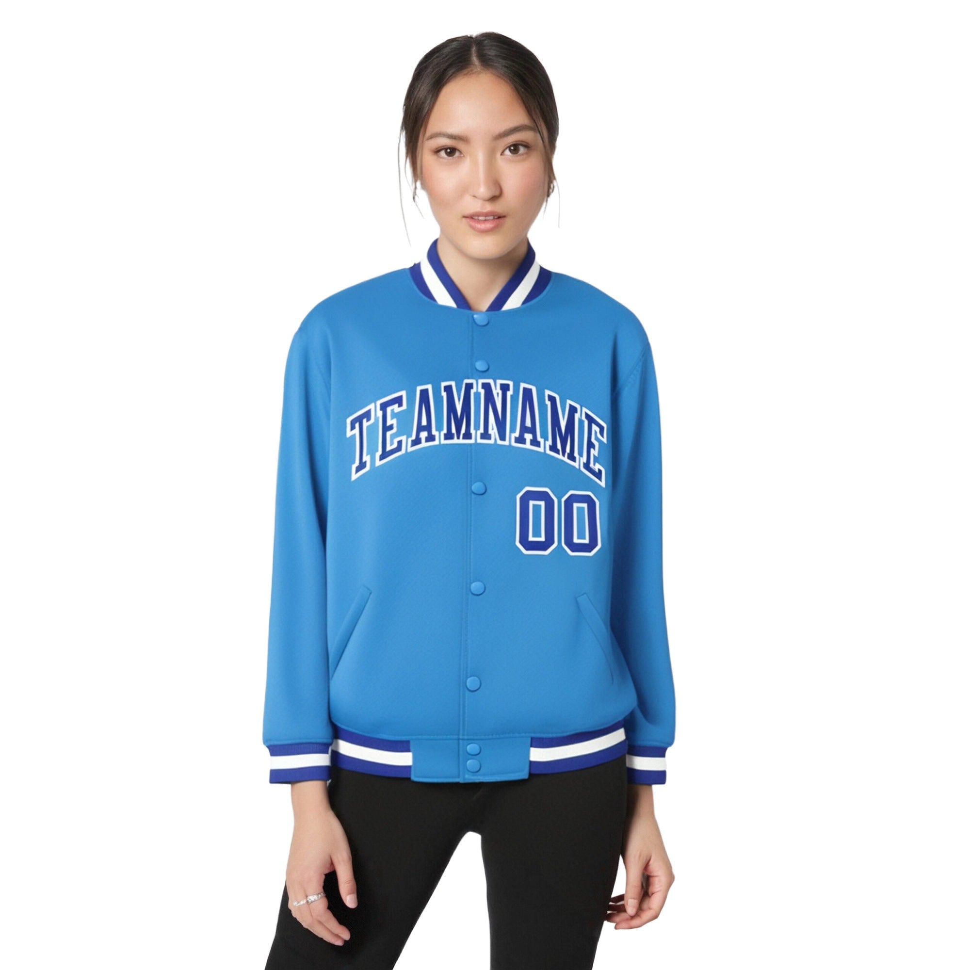 Custom Light-Blue Blue-White Bomber Full-Snap Varsity Letterman Jacket