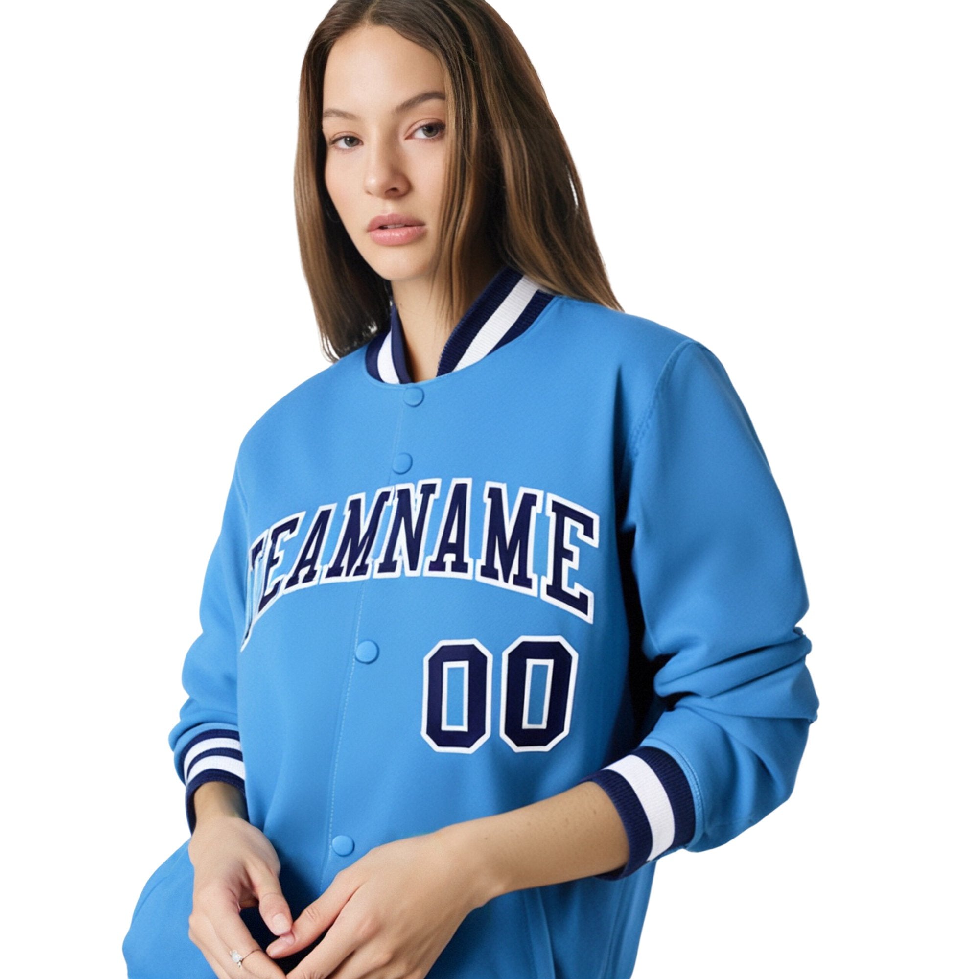 Custom Light-Blue Navy-White Bomber Full-Snap Varsity Letterman Jacket