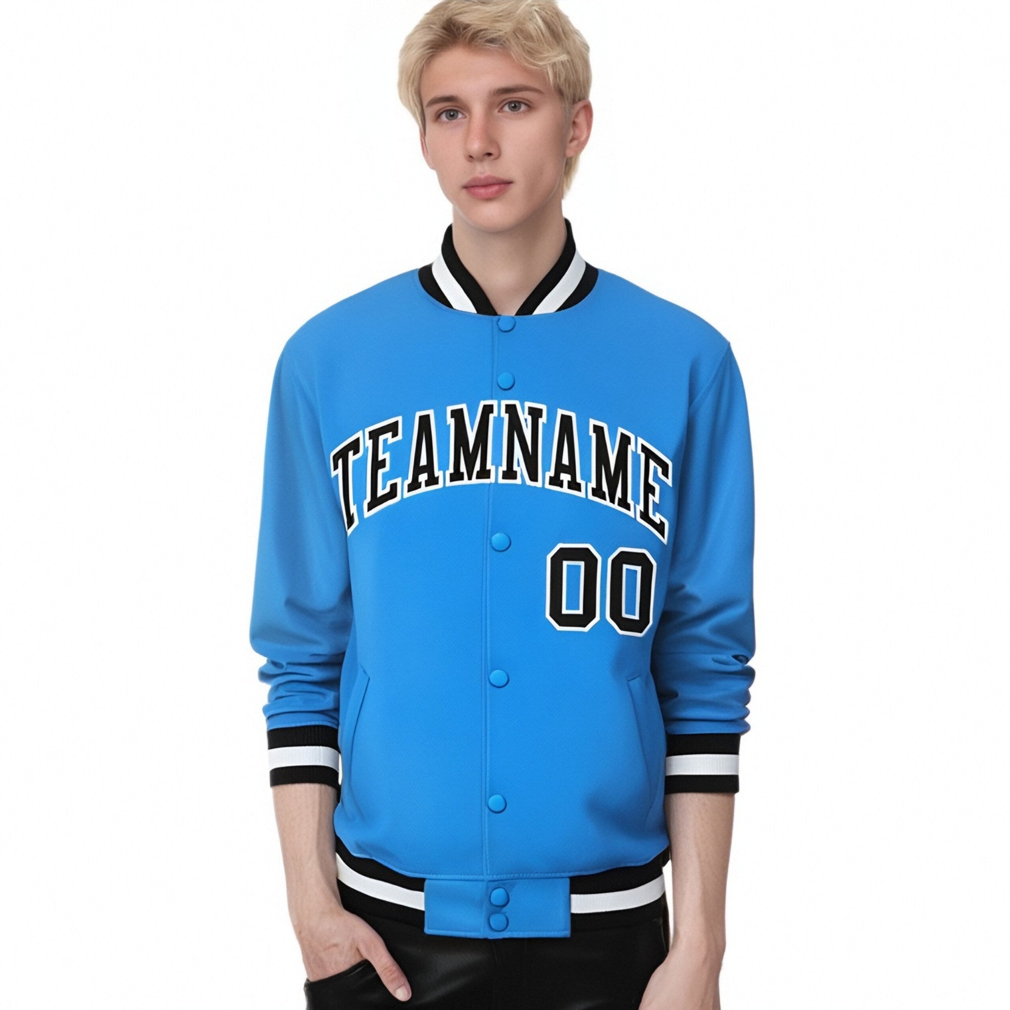 Custom Light-Blue Black-White Bomber Full-Snap Varsity Letterman Jacket