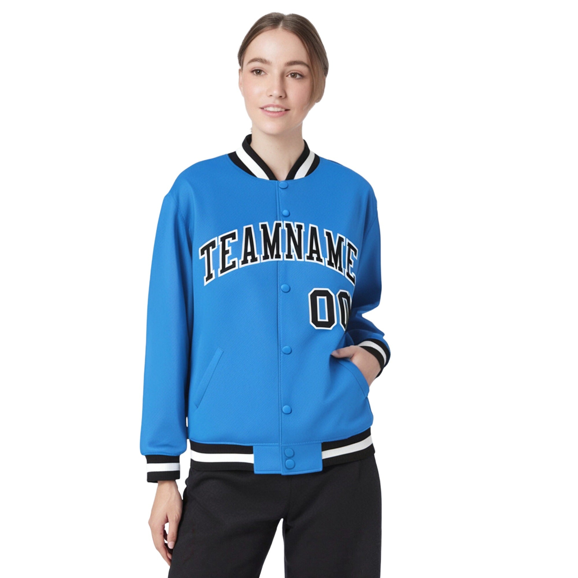 Custom Light-Blue Black-White Bomber Full-Snap Varsity Letterman Jacket