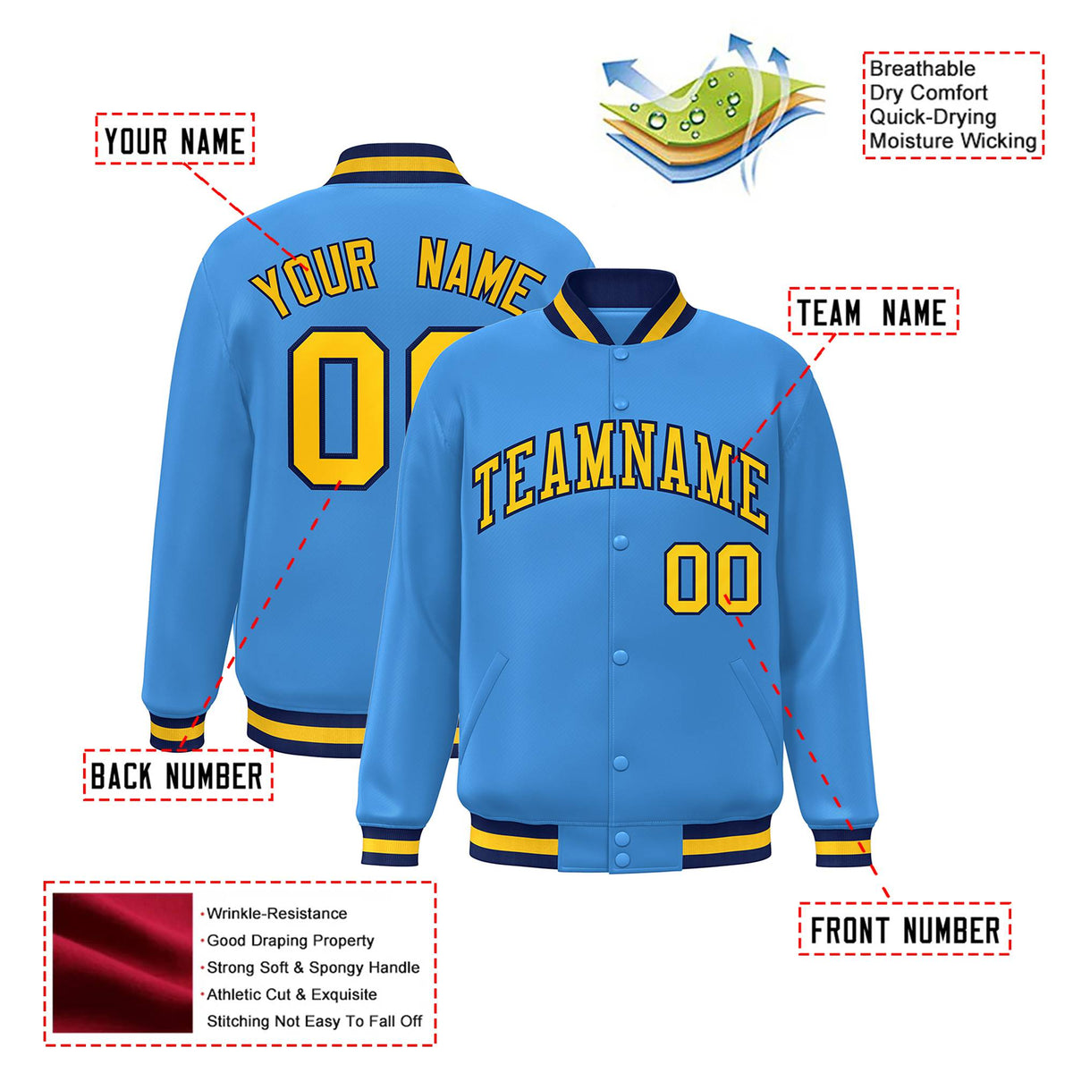 Custom Light-Blue Yellow-Navy Bomber Full-Snap Varsity Letterman Jacket
