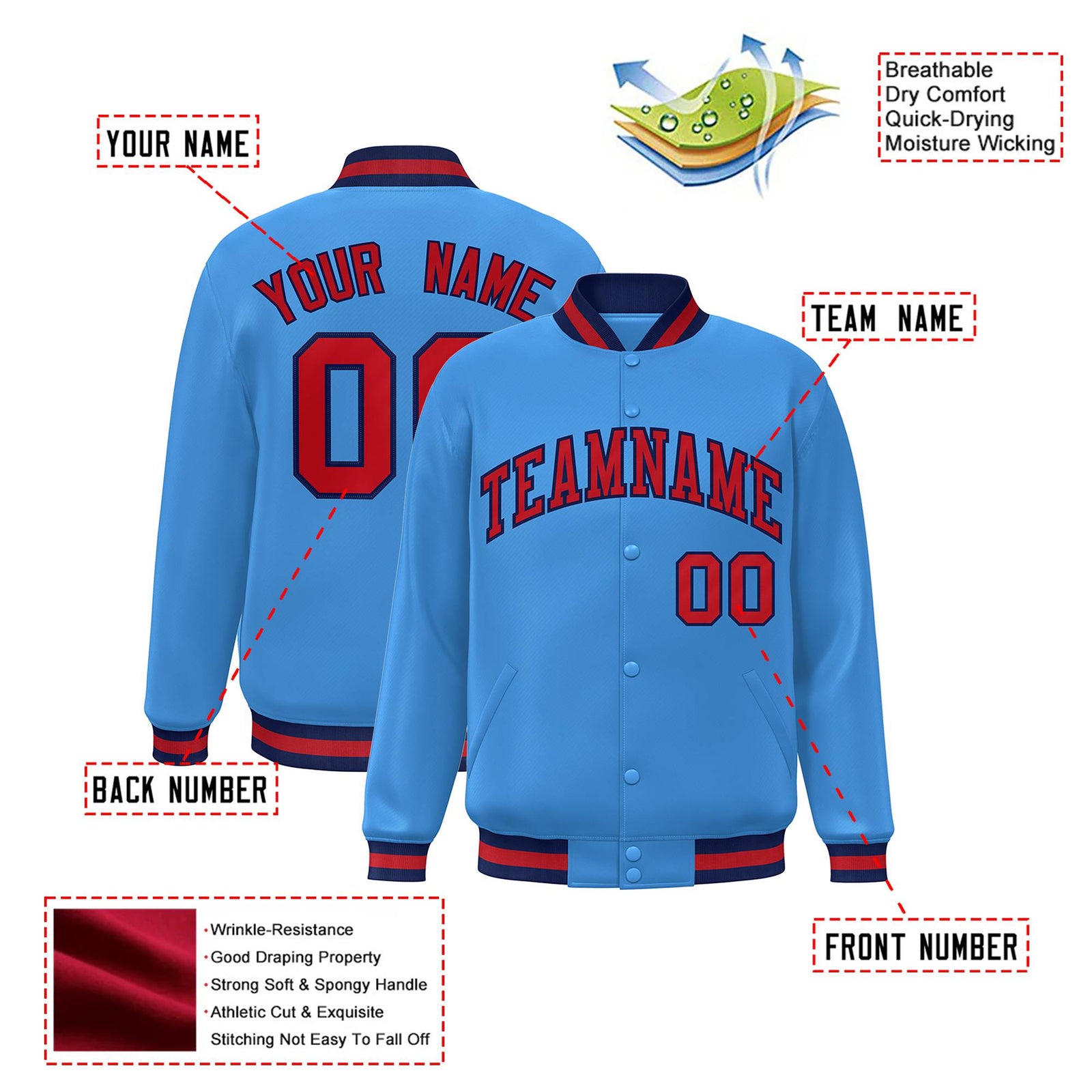 Custom Light-Blue Red-Navy Bomber Full-Snap Varsity Letterman Jacket