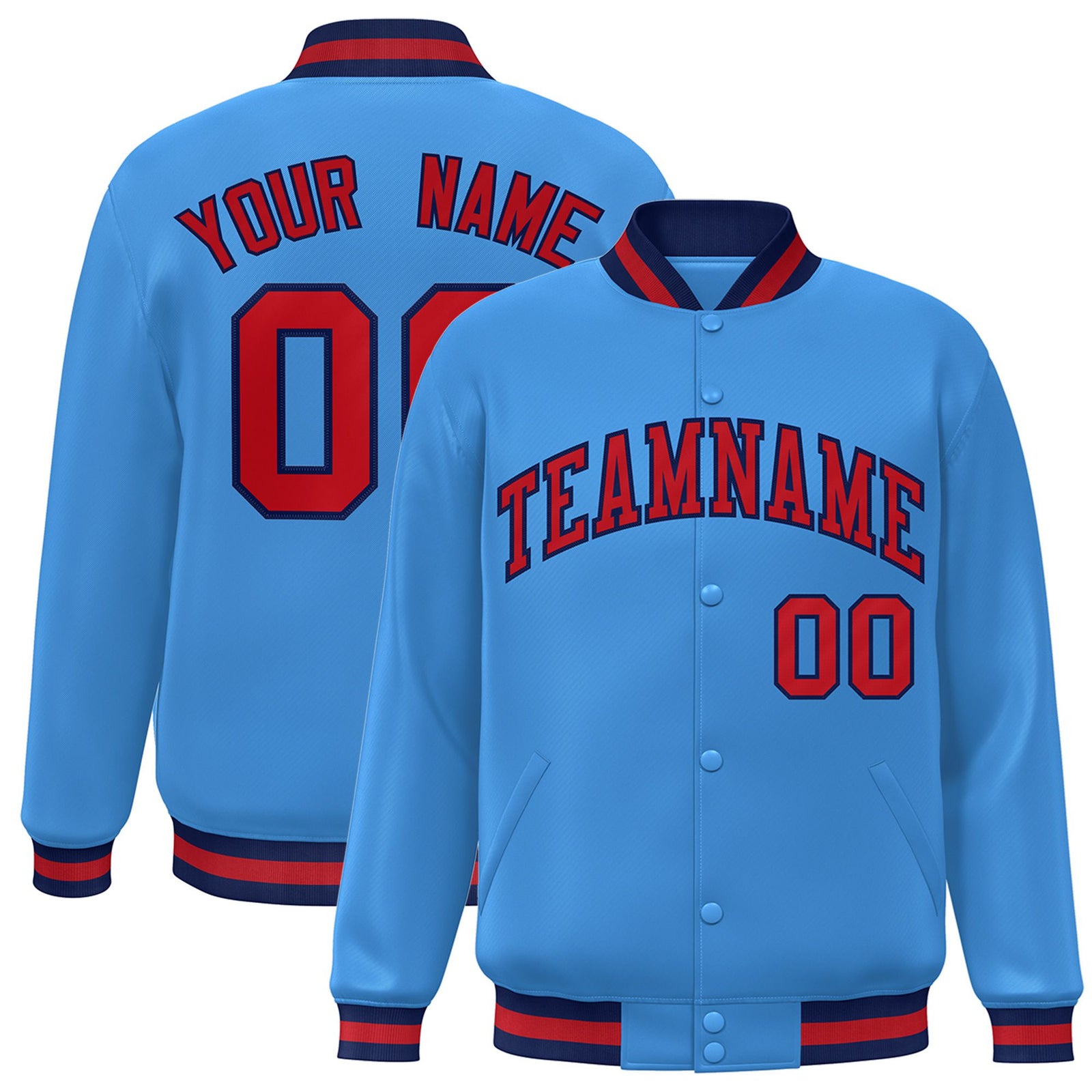 Custom Light-Blue Red-Navy Bomber Full-Snap Varsity Letterman Jacket