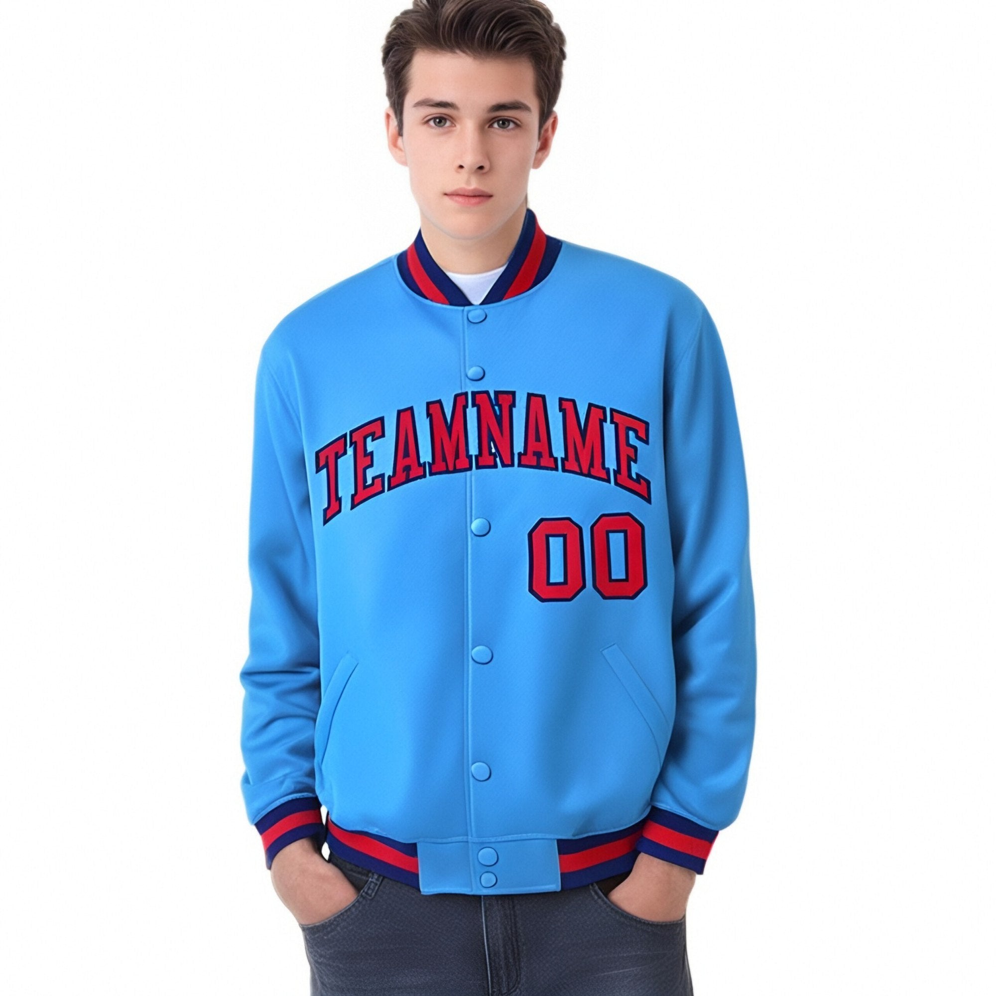 Custom Light-Blue Red-Navy Bomber Full-Snap Varsity Letterman Jacket