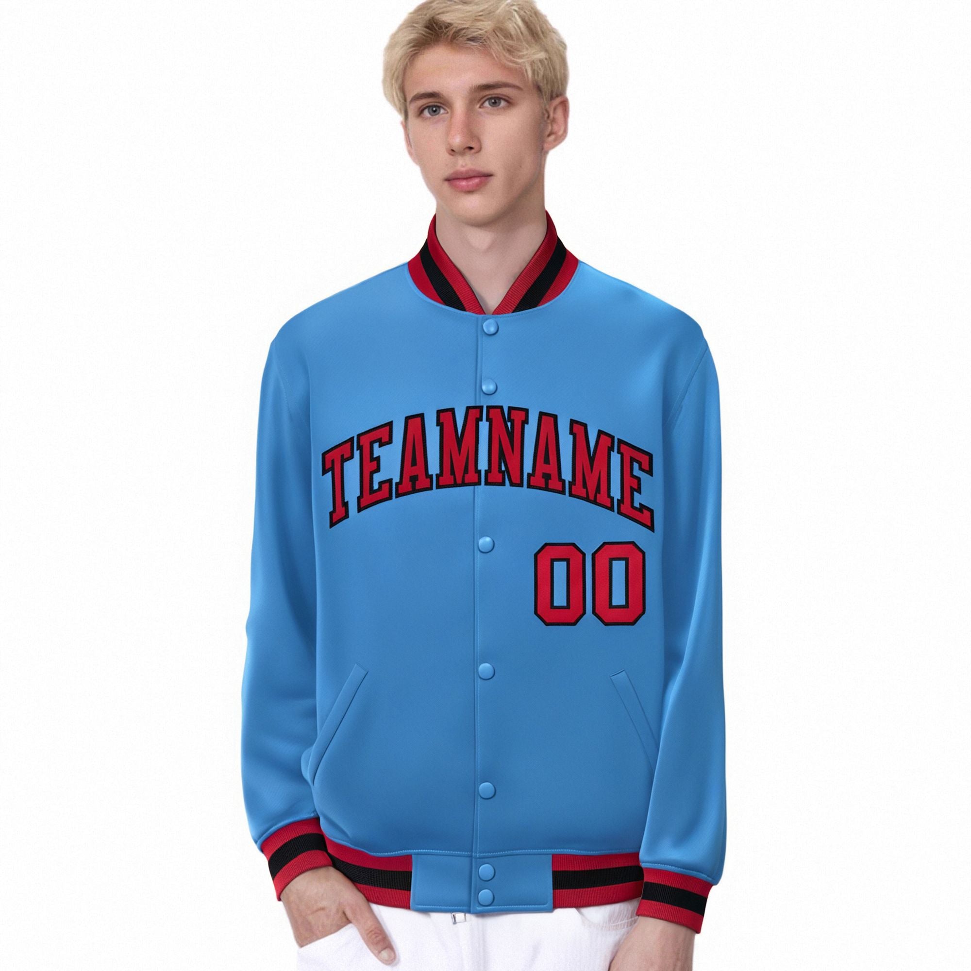 Custom Light-Blue Red-Black Bomber Full-Snap Varsity Letterman Jacket