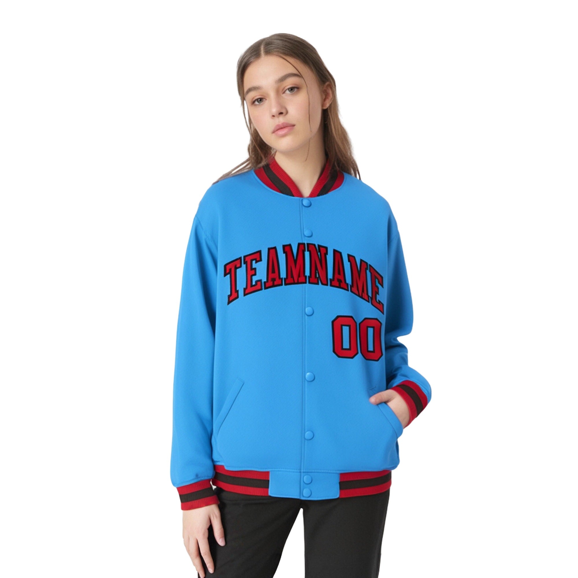 Custom Light-Blue Red-Black Bomber Full-Snap Varsity Letterman Jacket