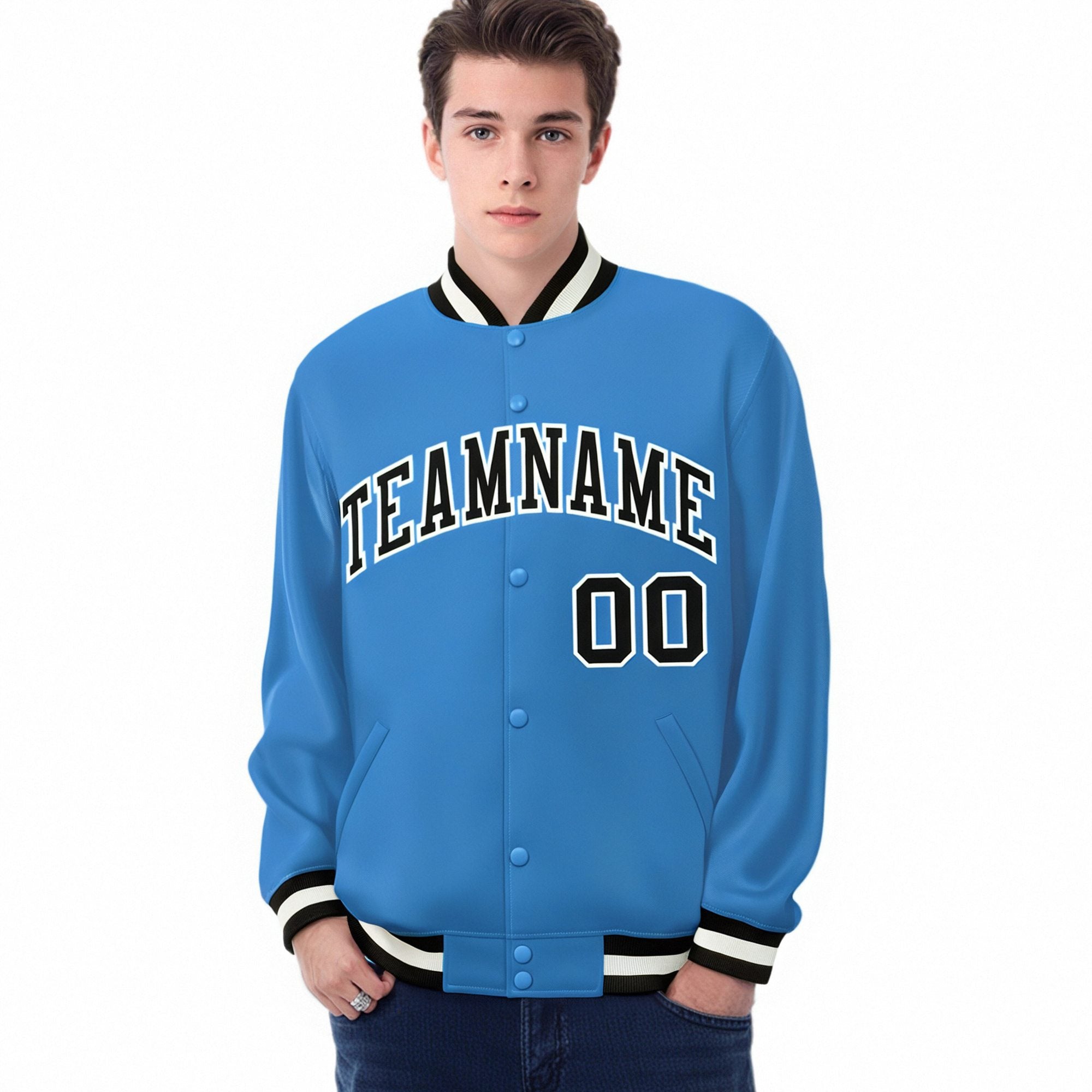 Custom Light-Blue Black-White Bomber Full-Snap Varsity Letterman Jacket