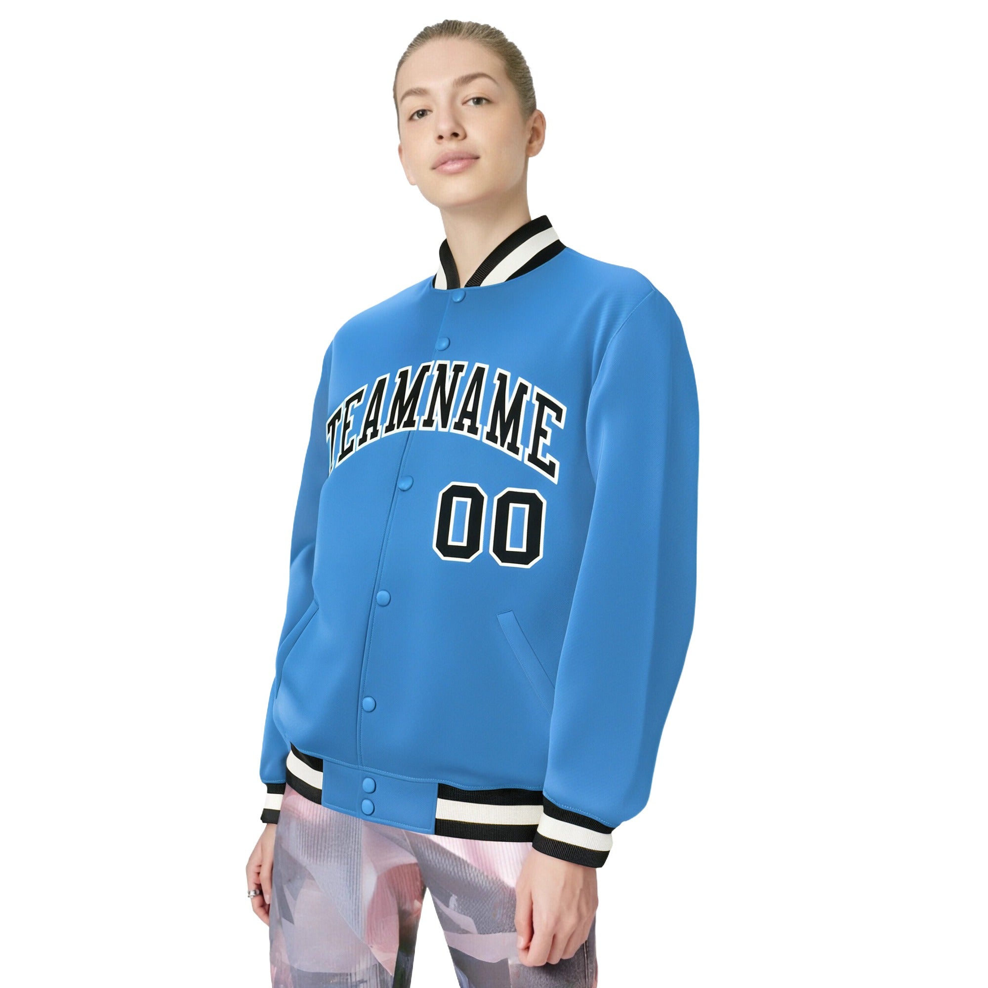 Custom Light-Blue Black-White Bomber Full-Snap Varsity Letterman Jacket