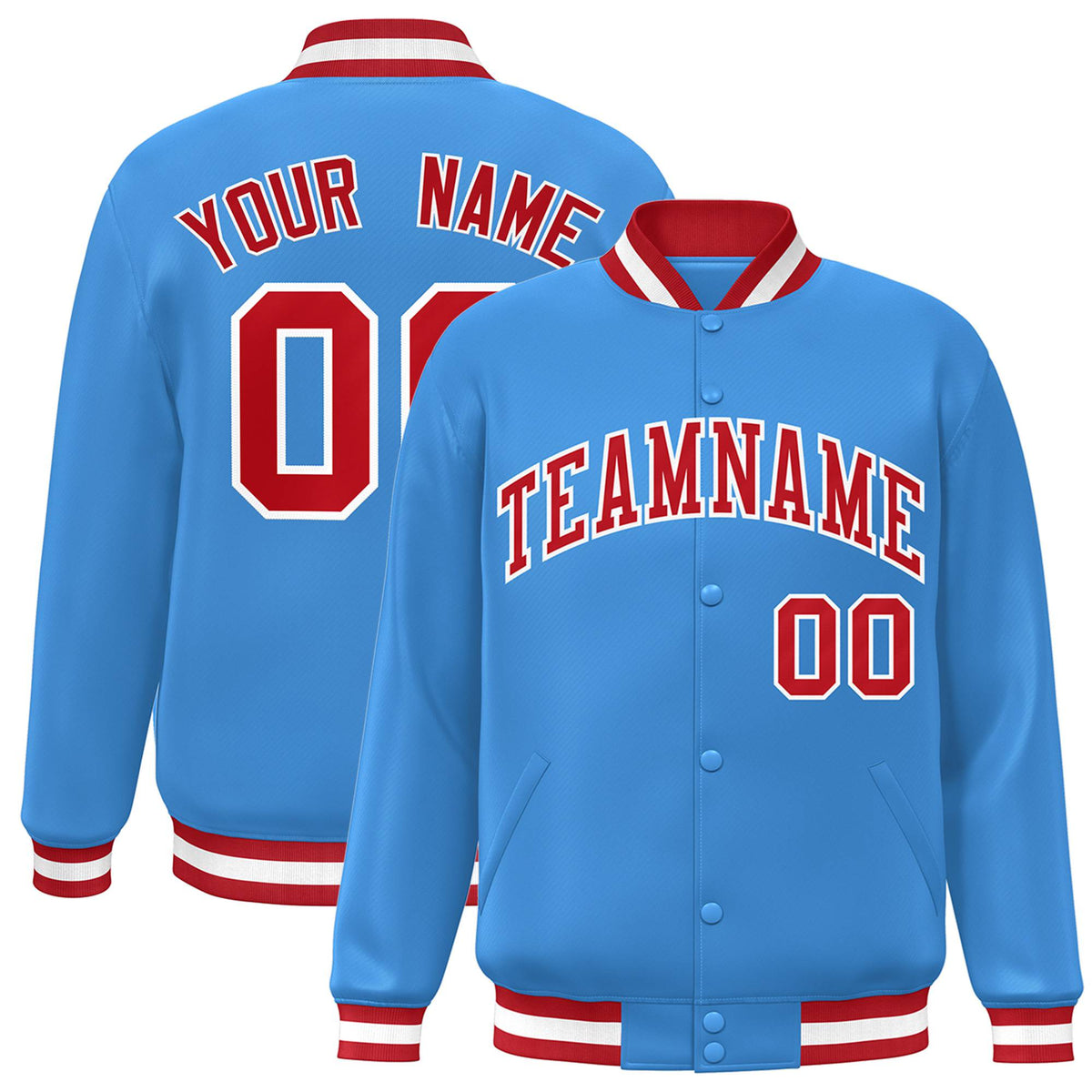 Custom Light-Blue Red-White Bomber Full-Snap Varsity Letterman Jacket