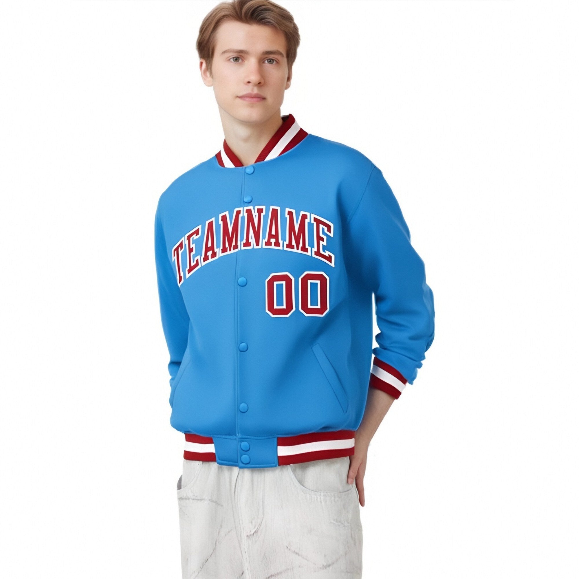 Custom Light-Blue Red-White Bomber Full-Snap Varsity Letterman Jacket