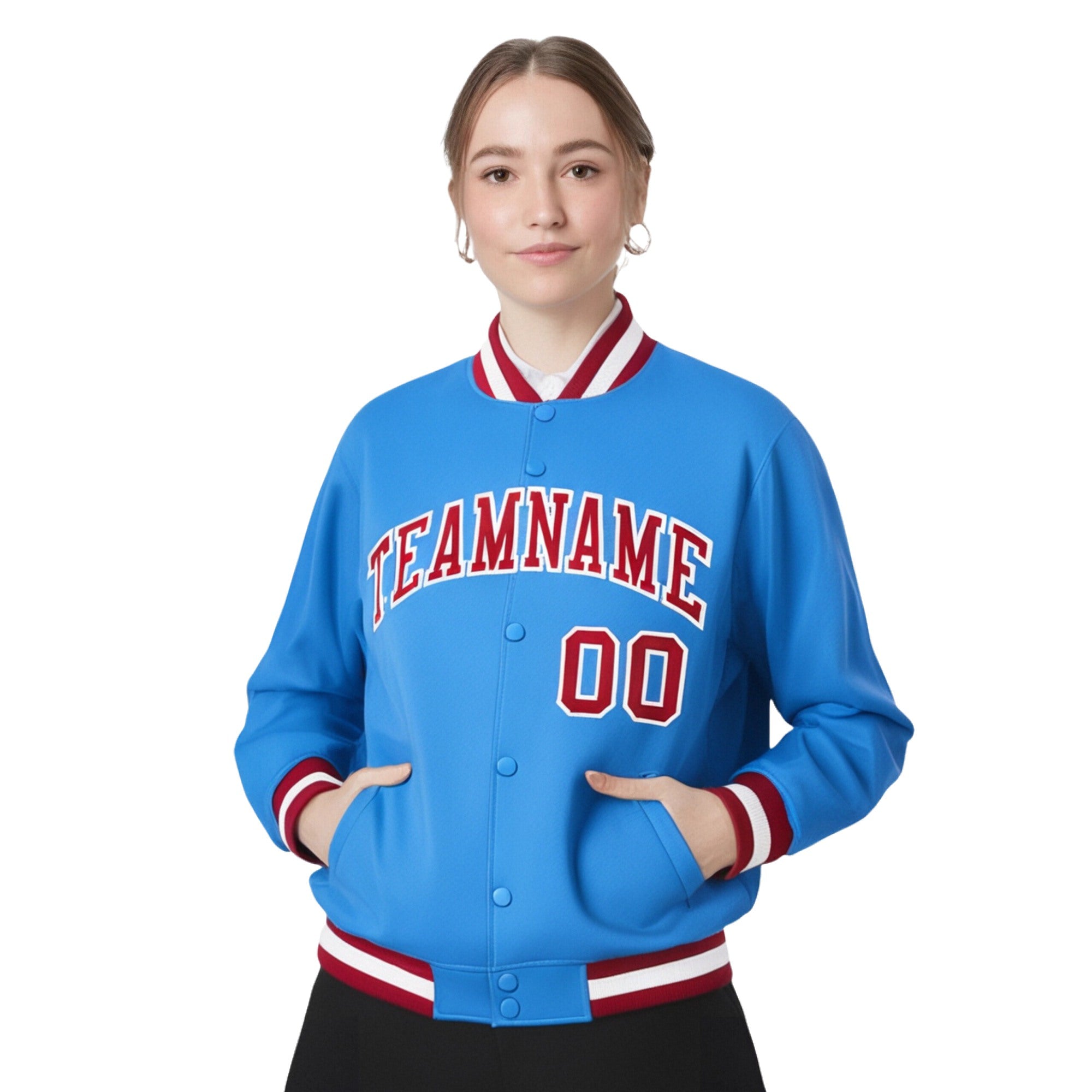 Custom Light-Blue Red-White Bomber Full-Snap Varsity Letterman Jacket