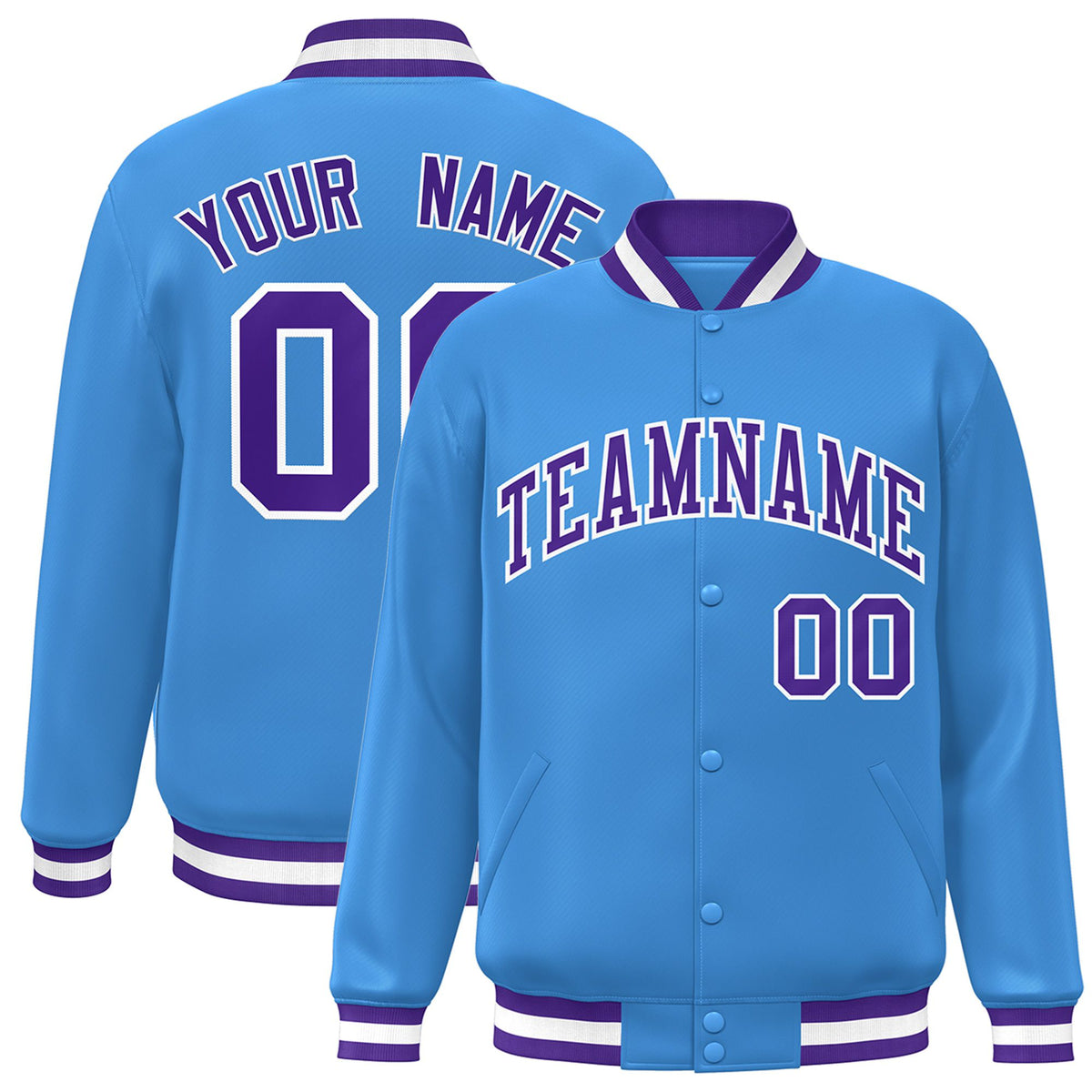 Custom Light-Blue Purple-White Bomber Full-Snap Varsity Letterman Jacket