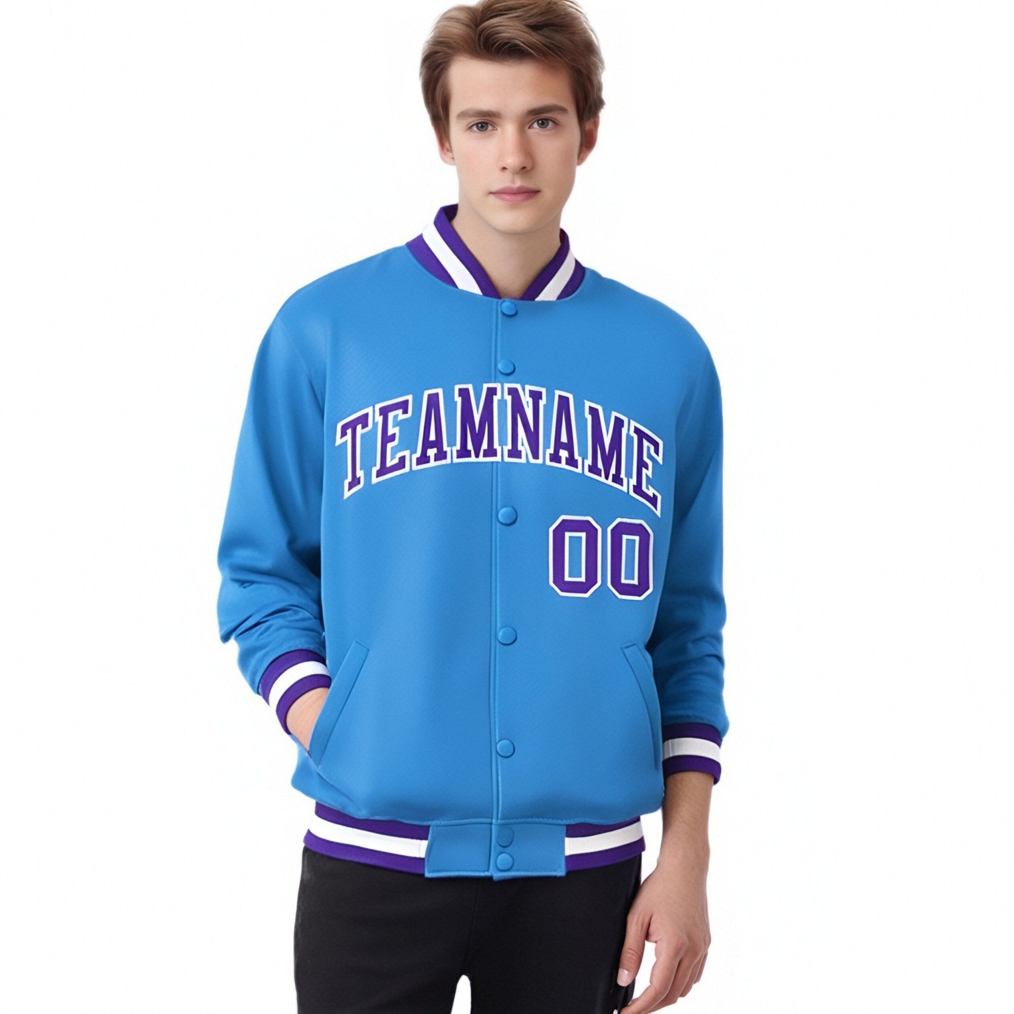 Custom Light-Blue Purple-White Bomber Full-Snap Varsity Letterman Jacket