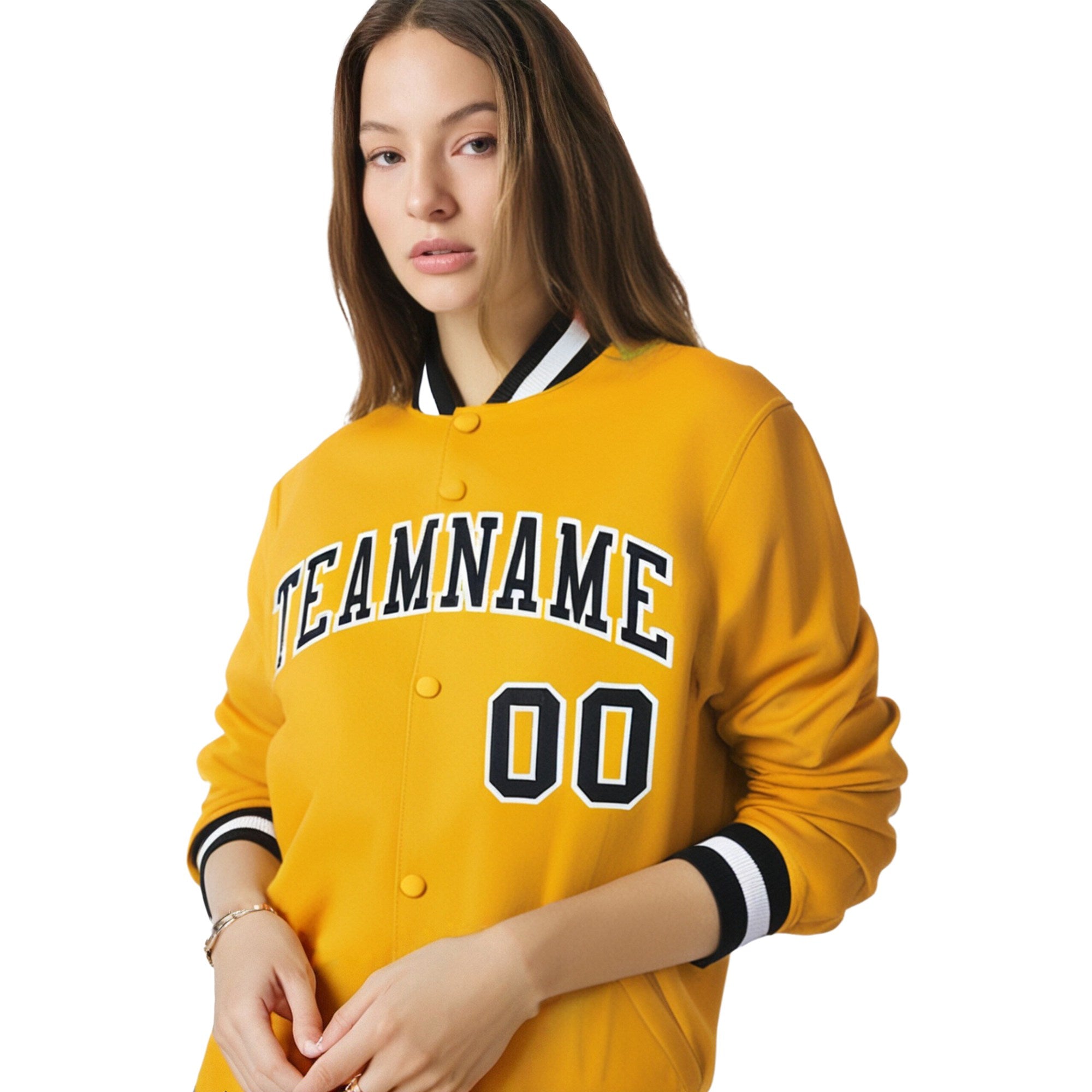 Custom Yellow Black-White Bomber Full-Snap Varsity Letterman Jacket