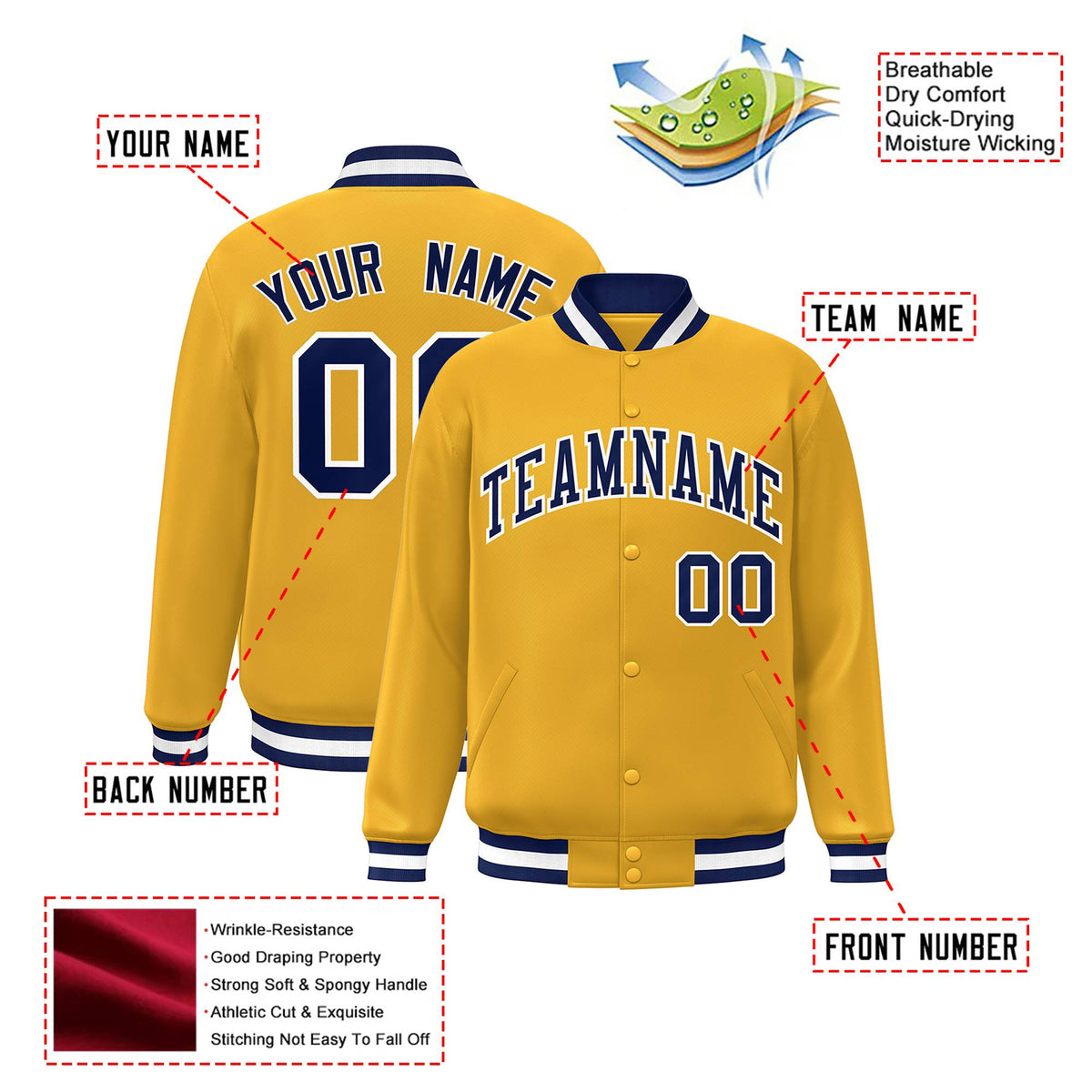 Custom Yellow Navy-White Bomber Full-Snap Varsity Letterman Jacket