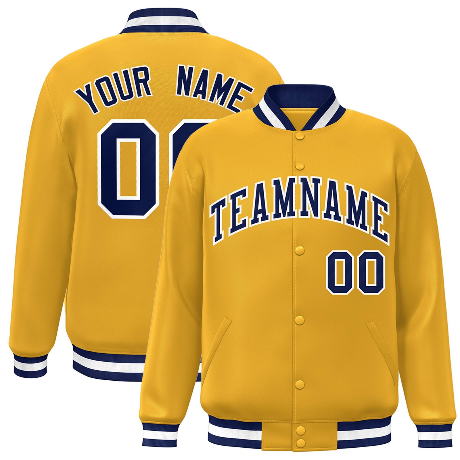 Custom Yellow Navy-White Bomber Full-Snap Varsity Letterman Jacket
