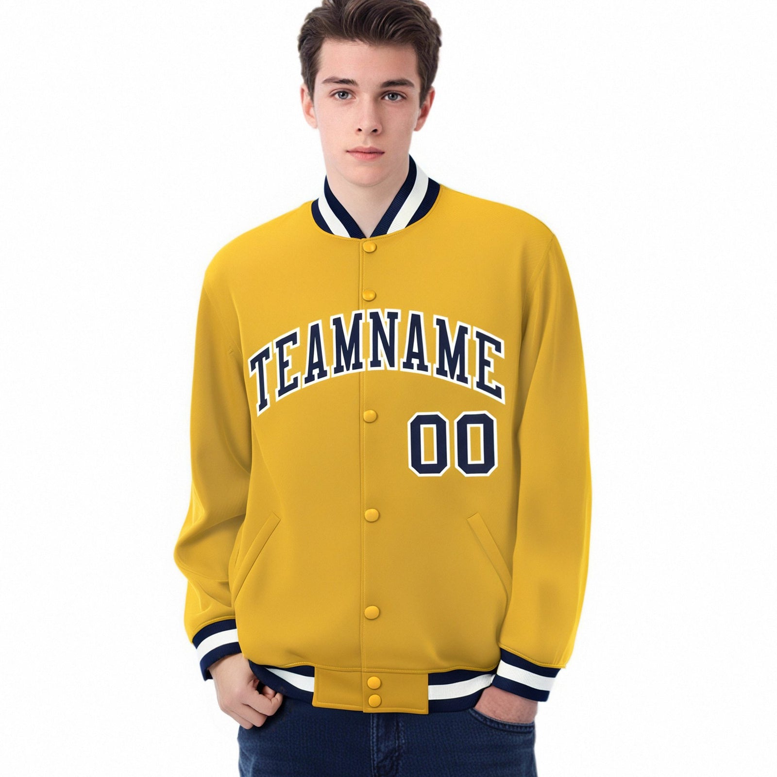 Custom Yellow Navy-White Bomber Full-Snap Varsity Letterman Jacket