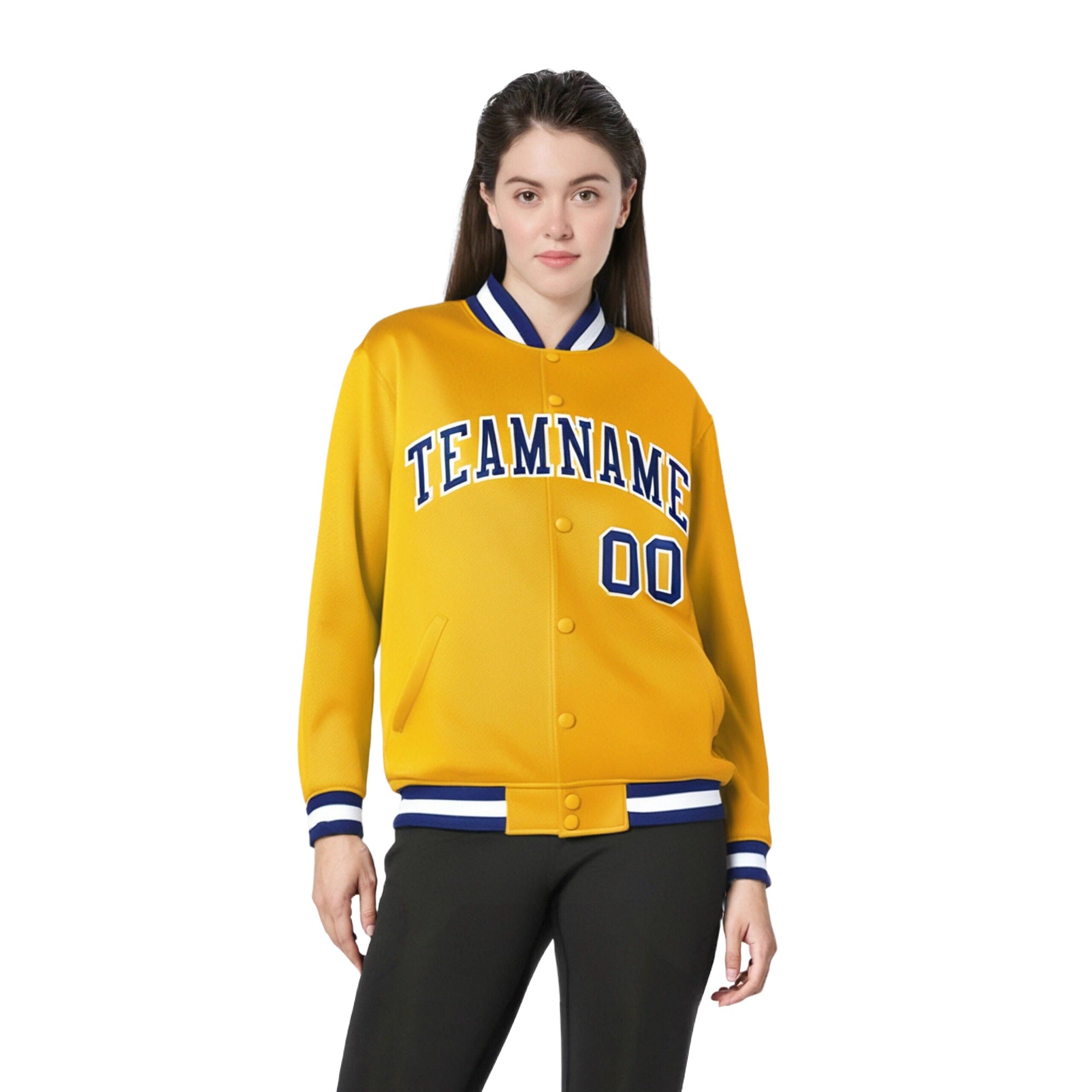 Custom Yellow Navy-White Bomber Full-Snap Varsity Letterman Jacket