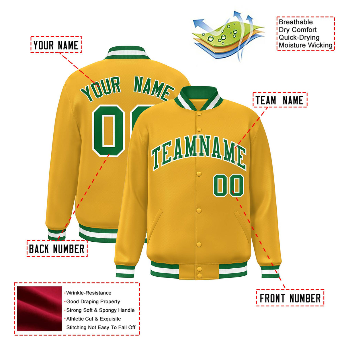 Custom Yellow Neon-Green White Bomber Full-Snap Varsity Letterman Jacket