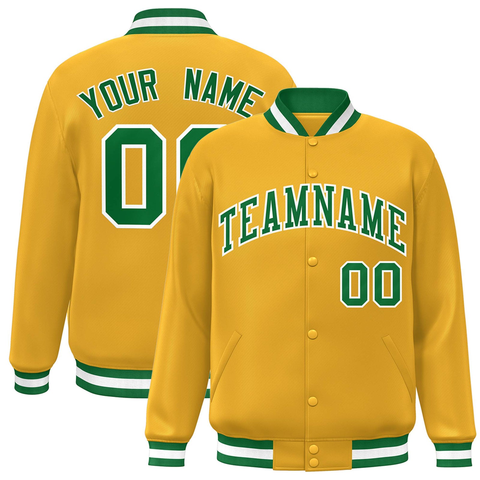Custom Yellow Neon-Green White Bomber Full-Snap Varsity Letterman Jacket