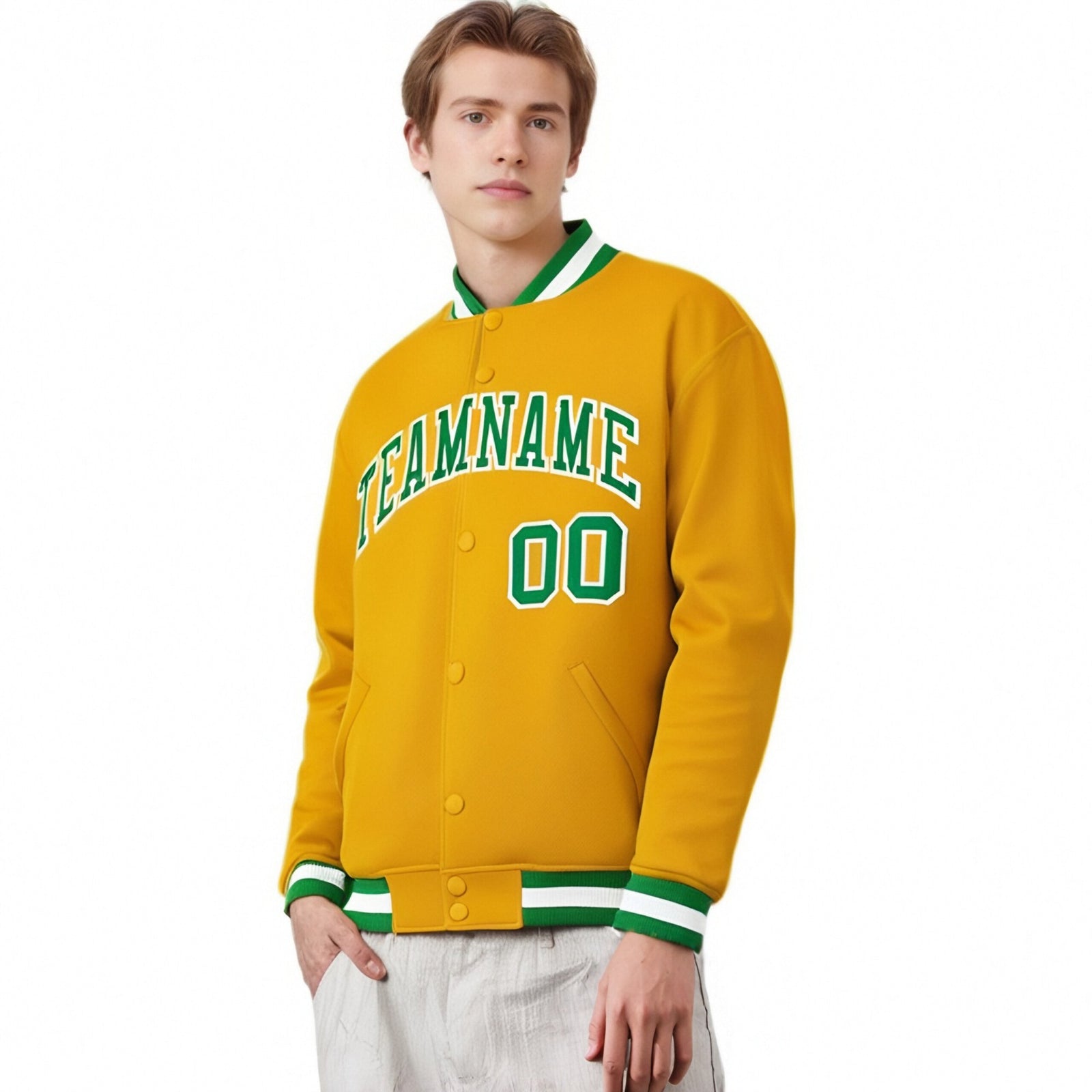 Custom Yellow Neon-Green White Bomber Full-Snap Varsity Letterman Jacket