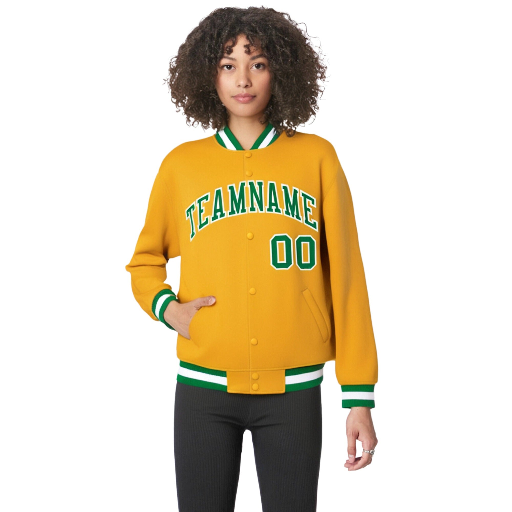 Custom Yellow Neon-Green White Bomber Full-Snap Varsity Letterman Jacket